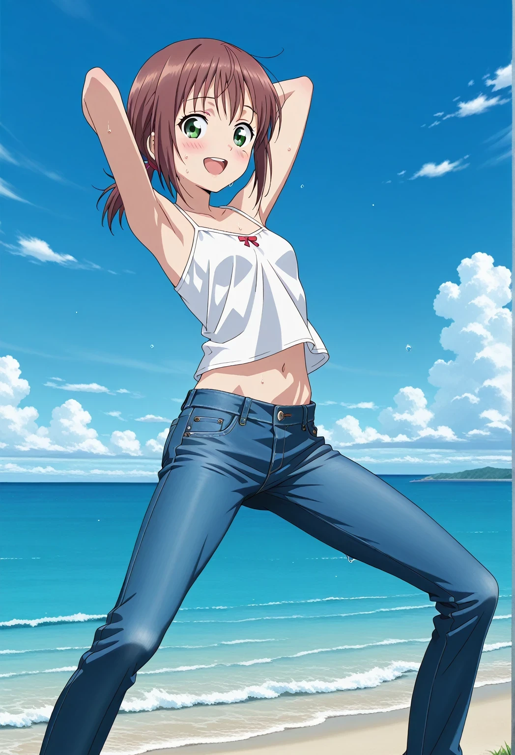 score_9, score_8_up, score_7_up, source_anime, highres, hi res, ((best quality, top quality, perfect quality, Highest Quality, amazing quality)), {{masterpiece}}, {{an extremely delicate and beautiful}}, 2d, intricate details, official style, anime, 8k, anime style, official_anime, official art, digital painting, cell shading, soft shading, high resolution, soothing tones, Subdued Color, Soft cinematic light, adobe lightroom, photolab, HDR, intricately and hyper-detailed, ((high quality animation)), 1 girl, Alone, solo, ((ocean)), tsunami, on the water, day, sunny, outdoors, sky, windy, ellif, brown hair, green eyes, short hair, low ponytail, anime screencap, small , white camisole top, crop top, white crop top, best quality, hyper-detailed jeans, ((blue jeans:1.9)), (dark blue jeans:0.6), full medium body, medium shot, Open mouth, smiling, happy face, blush, sweat, standing, ((arms behind head:6.0)), bowlegged, jumping pose, action, looking at viewer, , Bend knees slightly, straight-on front view