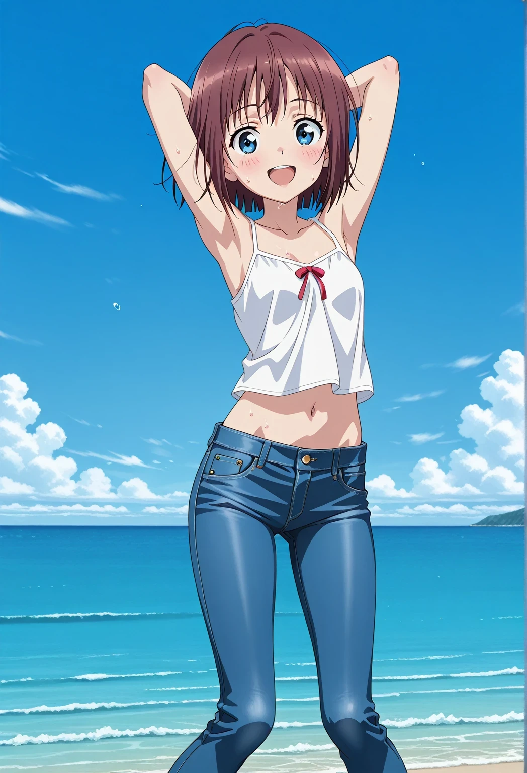 score_9, score_8_up, score_7_up, source_anime, highres, hi res, ((best quality, top quality, perfect quality, Highest Quality, amazing quality)), {{masterpiece}}, {{an extremely delicate and beautiful}}, 2d, intricate details, official style, anime, 8k, anime style, official_anime, official art, digital painting, cell shading, soft shading, high resolution, soothing tones, Subdued Color, Soft cinematic light, adobe lightroom, photolab, HDR, intricately and hyper-detailed, ((high quality animation)), 1 girl, Alone, solo, ((ocean)), tsunami, on the water, day, sunny, outdoors, sky, windy, Maxine_DE, brown hair, blue eyes, short hair, bob cut, anime screencap, small breasts, white camisole top, crop top, white crop top, best quality, hyper-detailed jeans, ((blue jeans:1.9)), (dark blue jeans:0.6), full medium body, medium shot, Open mouth, smiling, happy face, blush, sweat, standing, ((arms behind head:6.0)), bowlegged, jumping pose, action, looking at viewer, spread legs, Bend knees slightly, straight-on front view
