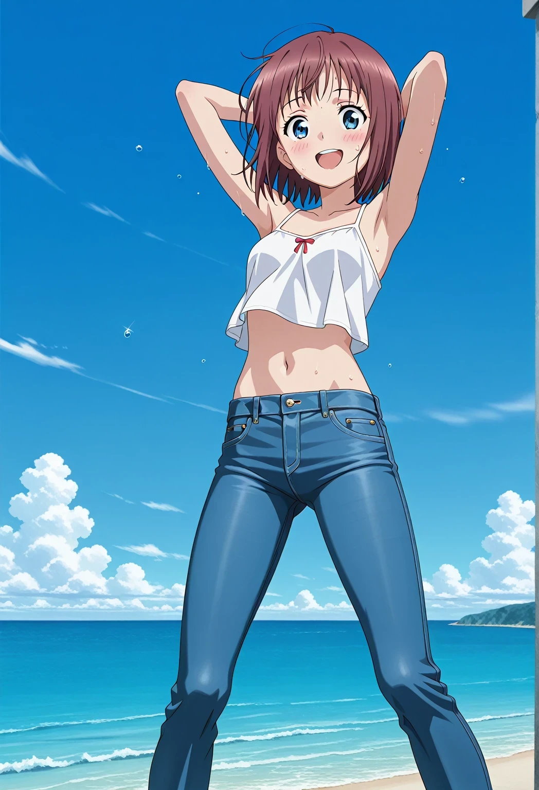 score_9, score_8_up, score_7_up, source_anime, highres, hi res, ((best quality, top quality, perfect quality, Highest Quality, amazing quality)), {{masterpiece}}, {{an extremely delicate and beautiful}}, 2d, intricate details, official style, anime, 8k, anime style, official_anime, official art, digital painting, cell shading, soft shading, high resolution, soothing tones, Subdued Color, Soft cinematic light, adobe lightroom, photolab, HDR, intricately and hyper-detailed, ((high quality animation)), 1 girl, Alone, solo, ((ocean)), tsunami, on the water, day, sunny, outdoors, sky, windy, Maxine_DE, brown hair, blue eyes, short hair, bob cut, anime screencap, small breasts, white camisole top, crop top, white crop top, best quality, hyper-detailed jeans, ((blue jeans:1.9)), (dark blue jeans:0.6), full medium body, medium shot, Open mouth, smiling, happy face, blush, sweat, standing, ((arms behind head:6.0)), bowlegged, jumping pose, action, looking at viewer, spread legs, Bend knees slightly, straight-on front view