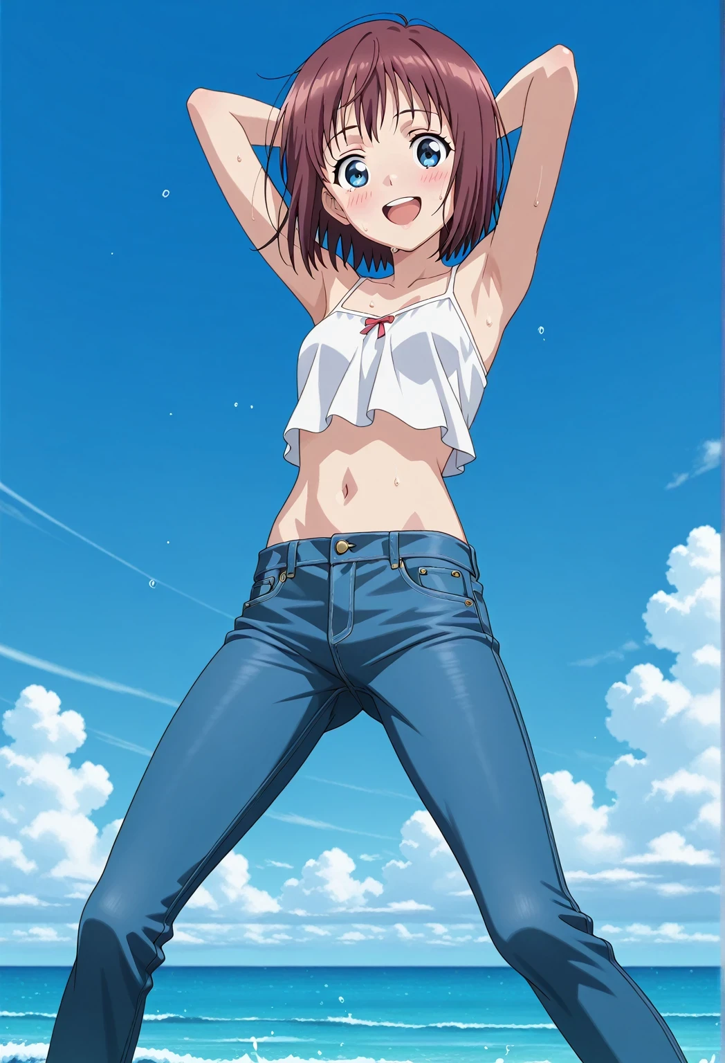 score_9, score_8_up, score_7_up, source_anime, highres, hi res, ((best quality, top quality, perfect quality, Highest Quality, amazing quality)), {{masterpiece}}, {{an extremely delicate and beautiful}}, 2d, intricate details, official style, anime, 8k, anime style, official_anime, official art, digital painting, cell shading, soft shading, high resolution, soothing tones, Subdued Color, Soft cinematic light, adobe lightroom, photolab, HDR, intricately and hyper-detailed, ((high quality animation)), 1 girl, Alone, solo, ((ocean)), tsunami, on the water, day, sunny, outdoors, sky, windy, Maxine_DE, brown hair, blue eyes, short hair, bob cut, anime screencap, small breasts, white camisole top, crop top, white crop top, best quality, hyper-detailed jeans, ((blue jeans:1.9)), (dark blue jeans:0.6), full medium body, medium shot, Open mouth, smiling, happy face, blush, sweat, standing, ((arms behind head:6.0)), bowlegged, jumping pose, action, looking at viewer, spread legs, Bend knees slightly, straight-on front view