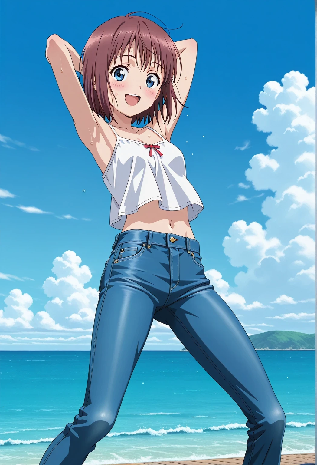 score_9, score_8_up, score_7_up, source_anime, highres, hi res, ((best quality, top quality, perfect quality, Highest Quality, amazing quality)), {{masterpiece}}, {{an extremely delicate and beautiful}}, 2d, intricate details, official style, anime, 8k, anime style, official_anime, official art, digital painting, cell shading, soft shading, high resolution, soothing tones, Subdued Color, Soft cinematic light, adobe lightroom, photolab, HDR, intricately and hyper-detailed, ((high quality animation)), 1 girl, Alone, solo, ((ocean)), tsunami, on the water, day, sunny, outdoors, sky, windy, Maxine_DE, brown hair, blue eyes, short hair, bob cut, anime screencap, small breasts, white camisole top, crop top, white crop top, best quality, hyper-detailed jeans, ((blue jeans:1.9)), (dark blue jeans:0.6), full medium body, medium shot, Open mouth, smiling, happy face, blush, sweat, standing, ((arms behind head:6.0)), bowlegged, jumping pose, action, looking at viewer, spread legs, Bend knees slightly, straight-on front view