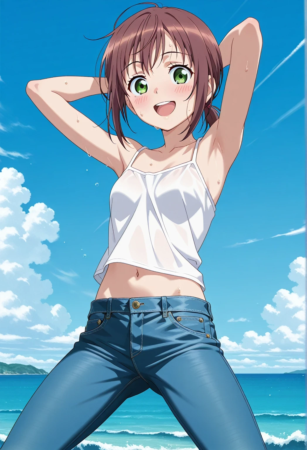 score_9, score_8_up, score_7_up, source_anime, highres, hi res, ((best quality, top quality, perfect quality, Highest Quality, amazing quality)), {{masterpiece}}, {{an extremely delicate and beautiful}}, 2d, intricate details, official style, anime, 8k, anime style, official_anime, official art, digital painting, cell shading, soft shading, high resolution, soothing tones, Subdued Color, Soft cinematic light, adobe lightroom, photolab, HDR, intricately and hyper-detailed, ((high quality animation)), 1 girl, Alone, solo, ((ocean)), tsunami, on the water, day, sunny, outdoors, sky, windy, ellif, brown hair, green eyes, short hair, low ponytail, anime screencap, small , white camisole top, crop top, white crop top, best quality, hyper-detailed jeans, ((blue jeans:1.9)), (dark blue jeans:0.6), full medium body, medium shot, Open mouth, smiling, happy face, blush, sweat, standing, ((arms behind head:6.0)), bowlegged, jumping pose, action, looking at viewer, , Bend knees slightly, straight-on front view