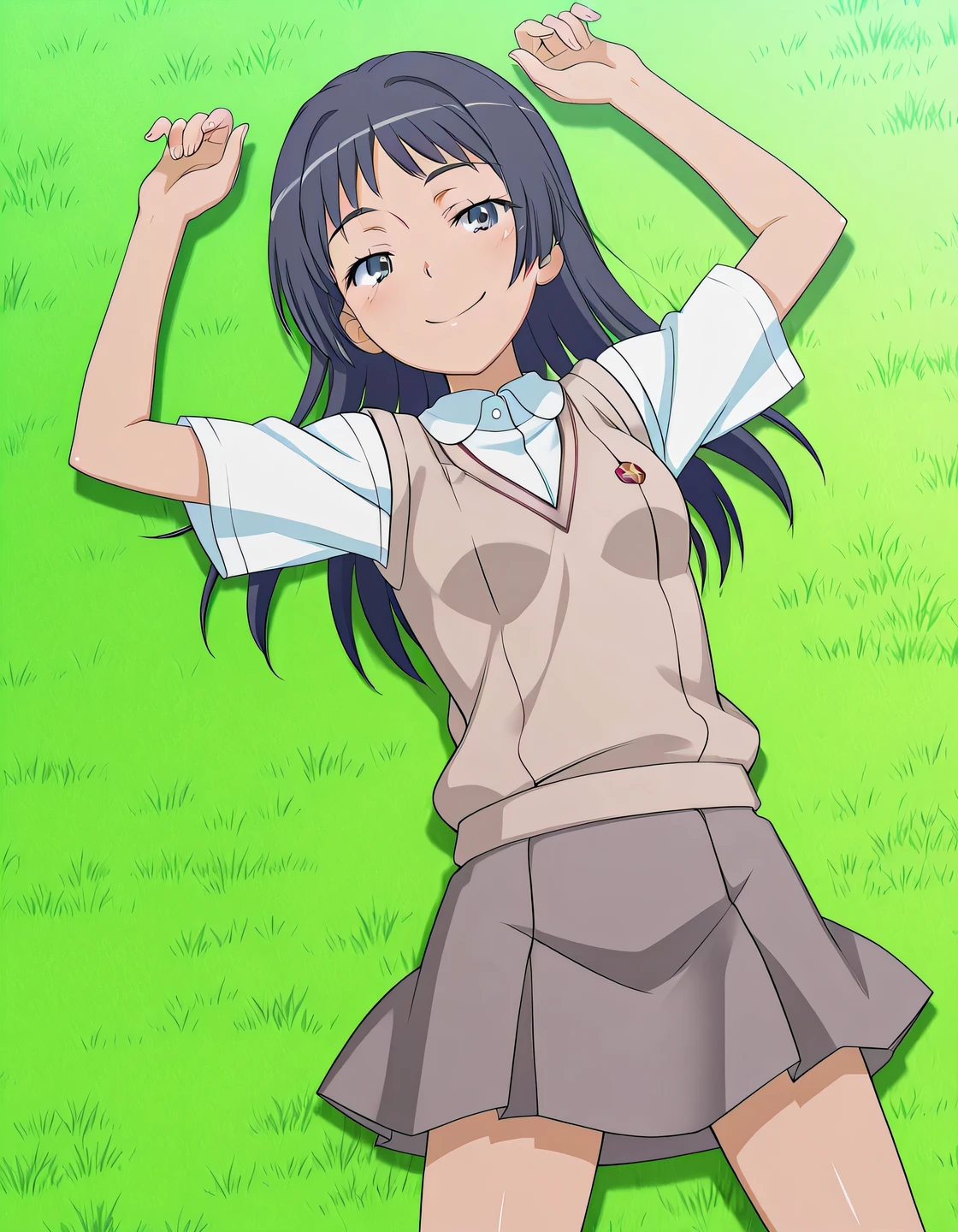 maaya awatsuki \(railgun\), Toaru Kagaku no Railgun & Index anime style, dark blue hair, long hair, bangs, sidelocks, blue eyes, school uniform, skirt, anime screencap, high quality, closed mouth, solo, cowboy shot, medium shot, lying, on back, grass, arms up, legs apart, looking at viewer, smile, best quality