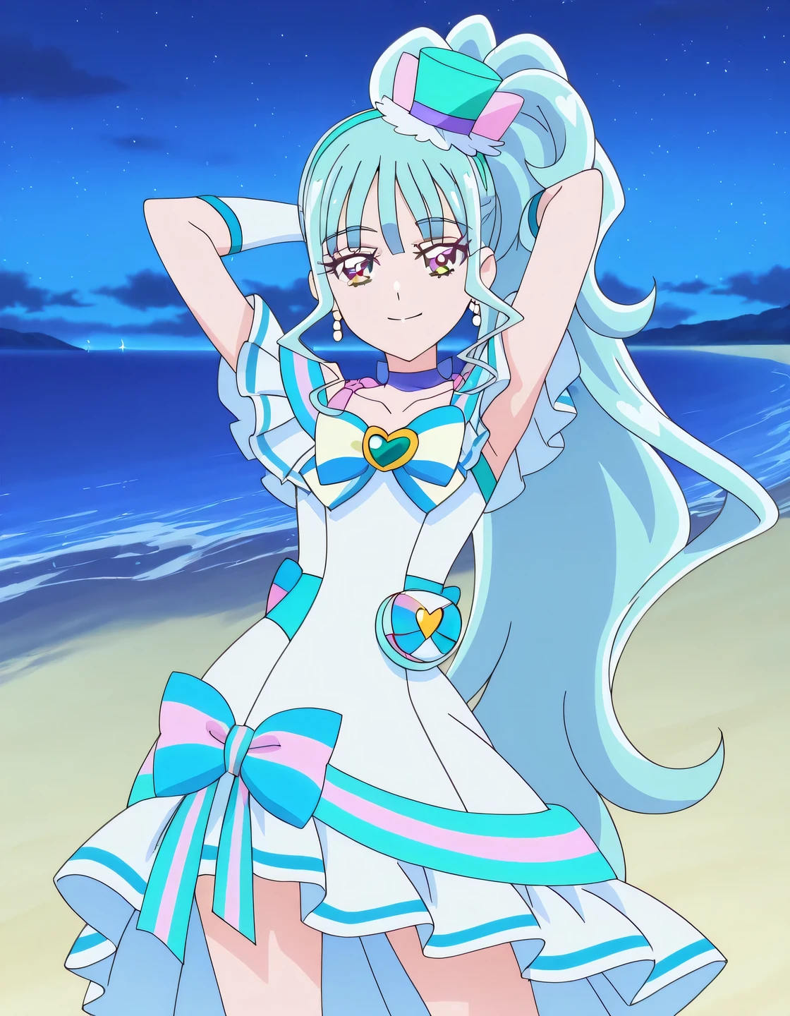 Cure Lillian, light blue hair, very_long_ponytail, wavy hair, purple_eyes, multicolored eyes, small_breasts, earrings, mini hat, hair_ornaments, bangs, light blue precure costumes, anime screencap, high quality, solo, night sky, beach, arms behind head, ((contrapposto)), closed mouth, cowboy shot, looking at viewer, smile, best quality