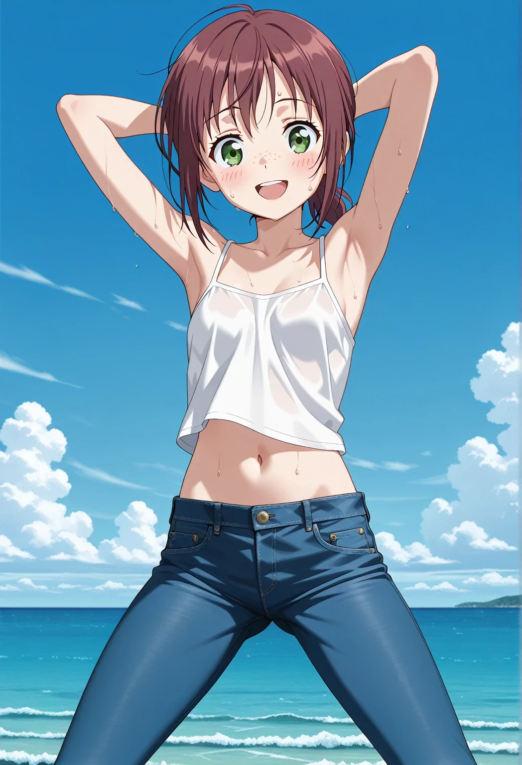 score_9, score_8_up, score_7_up, source_anime, highres, hi res, ((best quality, top quality, perfect quality, Highest Quality, amazing quality)), {{masterpiece}}, {{an extremely delicate and beautiful}}, 2d, intricate details, official style, anime, 8k, anime style, official_anime, official art, digital painting, cell shading, soft shading, high resolution, soothing tones, Subdued Color, Soft cinematic light, adobe lightroom, photolab, HDR, intricately and hyper-detailed, ((high quality animation)), 1 girl, Alone, solo, ((ocean)), tsunami, on the water, day, sunny, outdoors, sky, windy, ellif, freckles, brown hair, green eyes, short hair, low ponytail, anime screencap, small , white camisole top, crop top, white crop top, best quality, hyper-detailed jeans, ((blue jeans:1.9)), (dark blue jeans:0.6), full medium body, medium shot, Open mouth, smiling, happy face, blush, sweat, standing, ((arms behind head:6.0)), bowlegged, jumping pose, action, looking at viewer, , Bend knees slightly, straight-on front view