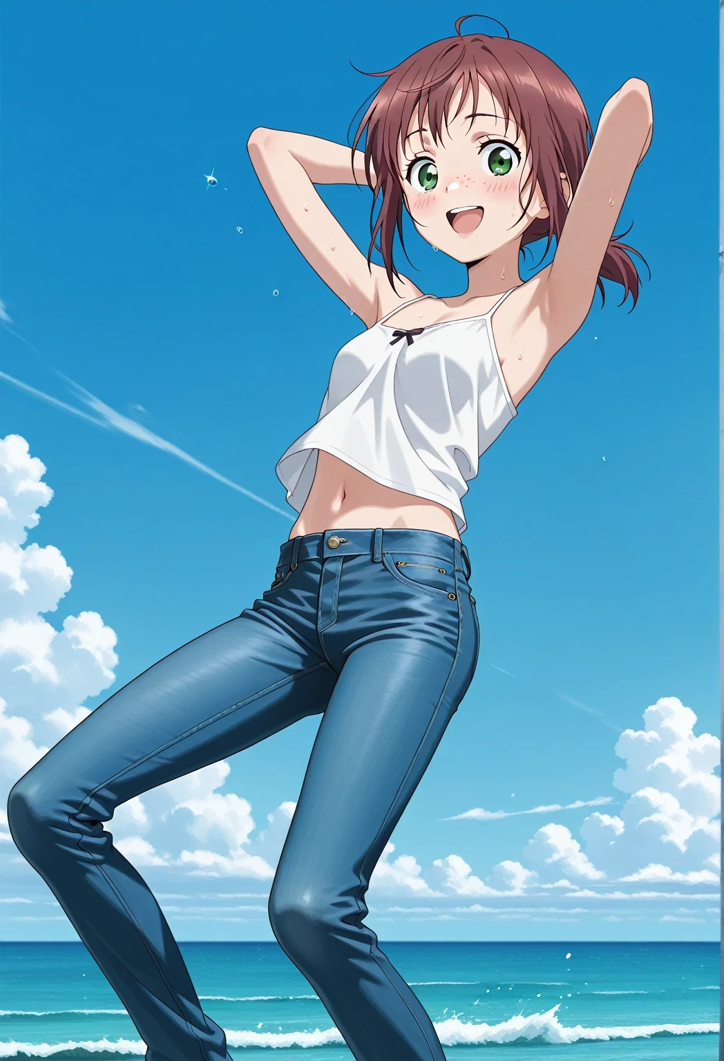 score_9, score_8_up, score_7_up, source_anime, highres, hi res, ((best quality, top quality, perfect quality, Highest Quality, amazing quality)), {{masterpiece}}, {{an extremely delicate and beautiful}}, 2d, intricate details, official style, anime, 8k, anime style, official_anime, official art, digital painting, cell shading, soft shading, high resolution, soothing tones, Subdued Color, Soft cinematic light, adobe lightroom, photolab, HDR, intricately and hyper-detailed, ((high quality animation)), 1 girl, Alone, solo, ((ocean)), tsunami, on the water, day, sunny, outdoors, sky, windy, ellif, freckles, brown hair, green eyes, short hair, low ponytail, anime screencap, small , white camisole top, crop top, white crop top, best quality, hyper-detailed jeans, ((blue jeans:1.9)), (dark blue jeans:0.6), full medium body, medium shot, Open mouth, smiling, happy face, blush, sweat, standing, ((arms behind head:6.0)), bowlegged, jumping pose, action, looking at viewer, , Bend knees slightly, straight-on front view