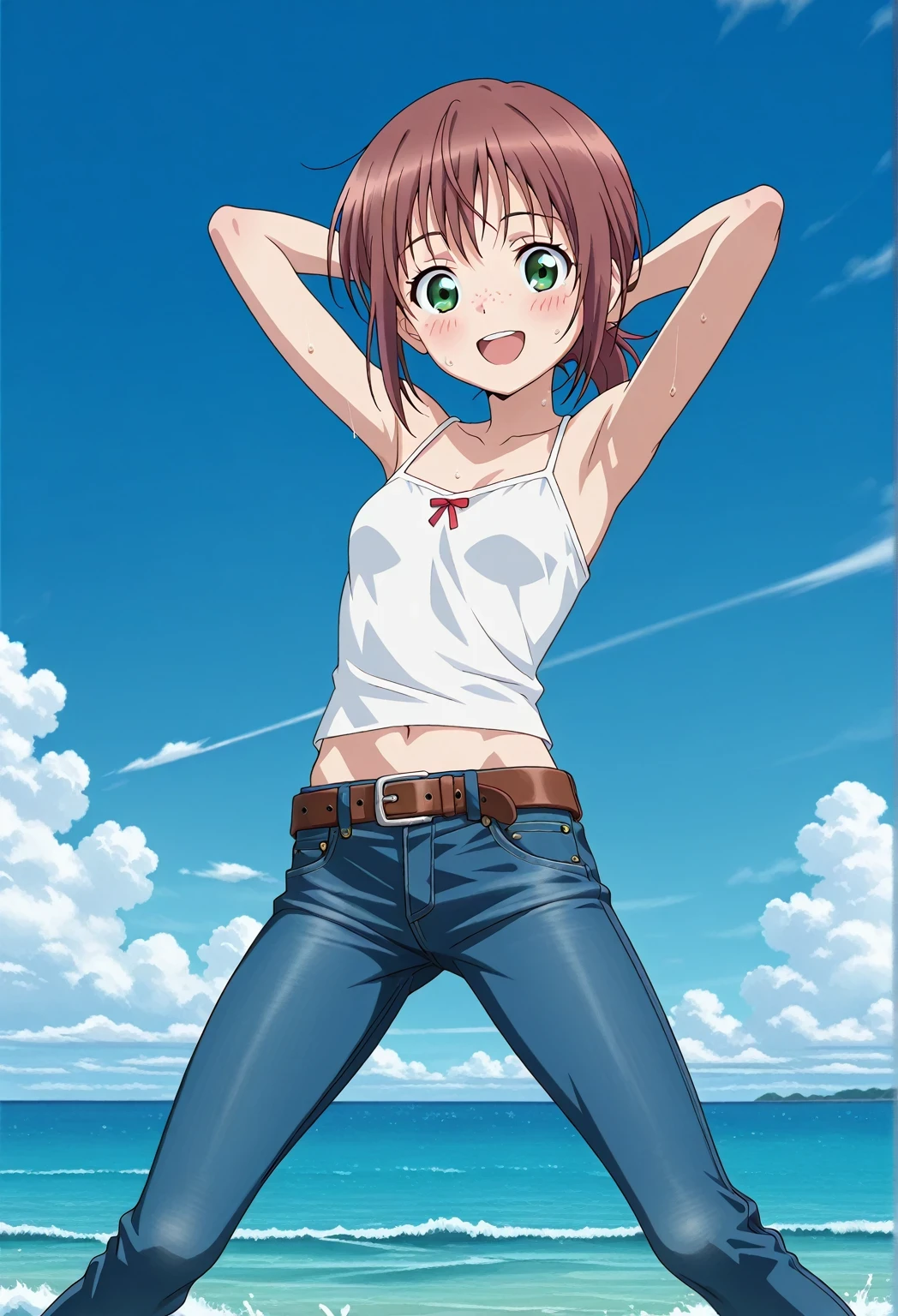 score_9, score_8_up, score_7_up, source_anime, highres, hi res, ((best quality, top quality, perfect quality, Highest Quality, amazing quality)), {{masterpiece}}, {{an extremely delicate and beautiful}}, 2d, intricate details, official style, anime, 8k, anime style, official_anime, official art, digital painting, cell shading, soft shading, high resolution, soothing tones, Subdued Color, Soft cinematic light, adobe lightroom, photolab, HDR, intricately and hyper-detailed, ((high quality animation)), 1 girl, Alone, solo, ((ocean)), tsunami, on the water, day, sunny, outdoors, sky, windy, ellif, freckles, brown hair, green eyes, short hair, low ponytail, anime screencap, small , white camisole top, crop top, white crop top, best quality, hyper-detailed jeans, belt, brown belt, ((blue jeans:1.9)), (dark blue jeans:0.6), full medium body, medium shot, Open mouth, smiling, happy face, blush, sweat, standing, ((arms behind head:6.0)), bowlegged, jumping pose, action, looking at viewer, , Bend knees slightly, straight-on front view