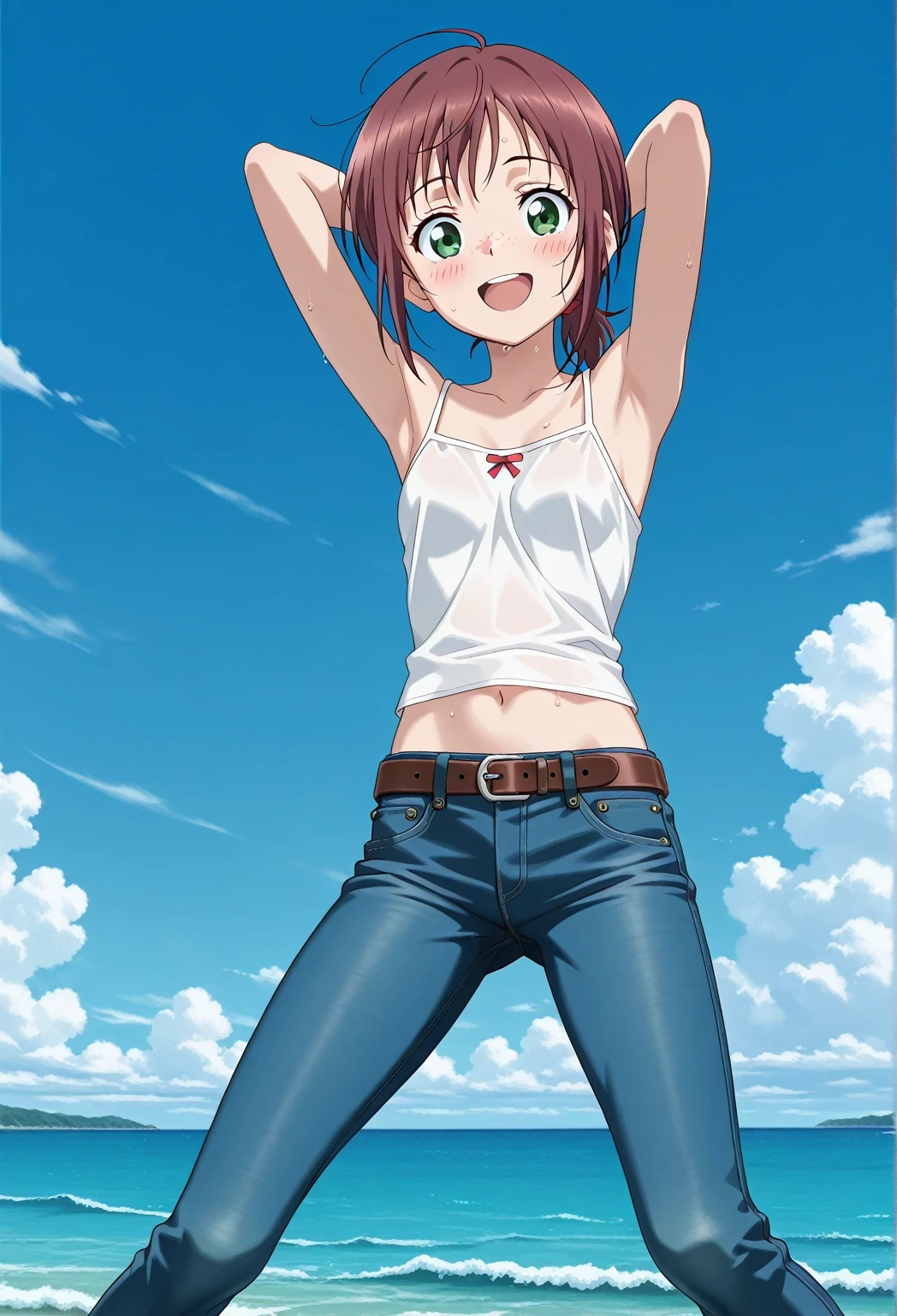 score_9, score_8_up, score_7_up, source_anime, highres, hi res, ((best quality, top quality, perfect quality, Highest Quality, amazing quality)), {{masterpiece}}, {{an extremely delicate and beautiful}}, 2d, intricate details, official style, anime, 8k, anime style, official_anime, official art, digital painting, cell shading, soft shading, high resolution, soothing tones, Subdued Color, Soft cinematic light, adobe lightroom, photolab, HDR, intricately and hyper-detailed, ((high quality animation)), 1 girl, Alone, solo, ((ocean)), tsunami, on the water, day, sunny, outdoors, sky, windy, ellif, freckles, brown hair, green eyes, short hair, low ponytail, anime screencap, small , white camisole top, crop top, white crop top, best quality, hyper-detailed jeans, belt, brown belt, ((blue jeans:1.9)), (dark blue jeans:0.6), full medium body, medium shot, Open mouth, smiling, happy face, blush, sweat, standing, ((arms behind head:6.0)), bowlegged, jumping pose, action, looking at viewer, , Bend knees slightly, straight-on front view
