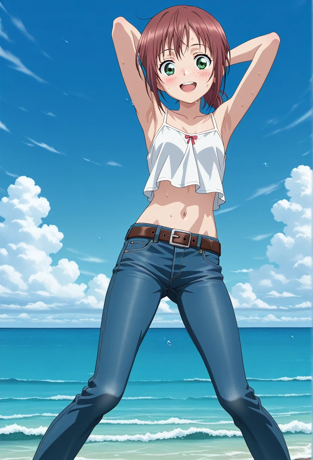 score_9, score_8_up, score_7_up, source_anime, highres, hi res, ((best quality, top quality, perfect quality, Highest Quality, amazing quality)), {{masterpiece}}, {{an extremely delicate and beautiful}}, 2d, intricate details, official style, anime, 8k, anime style, official_anime, official art, digital painting, cell shading, soft shading, high resolution, soothing tones, Subdued Color, Soft cinematic light, adobe lightroom, photolab, HDR, intricately and hyper-detailed, ((high quality animation)), 1 girl, Alone, solo, ((ocean)), tsunami, on the water, day, sunny, outdoors, sky, windy, ellif, freckles, brown hair, green eyes, short hair, low ponytail, anime screencap, small , white camisole top, crop top, white crop top, best quality, hyper-detailed jeans, belt, brown belt, ((blue jeans:1.9)), (dark blue jeans:0.6), full medium body, medium shot, Open mouth, smiling, happy face, blush, sweat, standing, ((arms behind head:6.0)), bowlegged, jumping pose, action, looking at viewer, , Bend knees slightly, straight-on front view