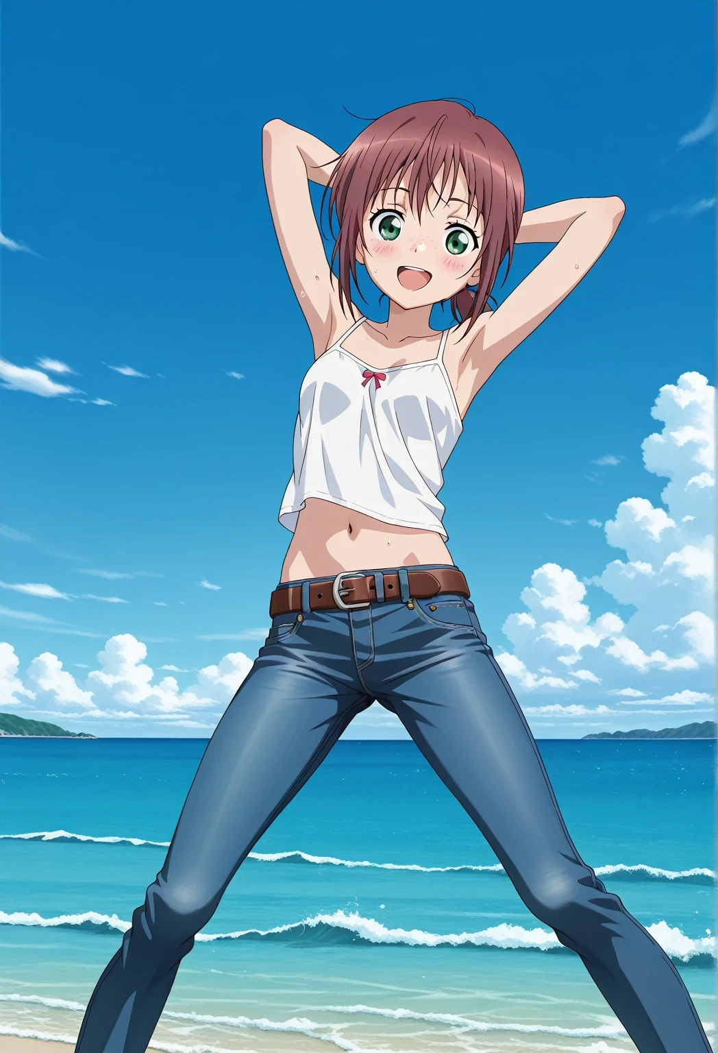 score_9, score_8_up, score_7_up, source_anime, highres, hi res, ((best quality, top quality, perfect quality, Highest Quality, amazing quality)), {{masterpiece}}, {{an extremely delicate and beautiful}}, 2d, intricate details, official style, anime, 8k, anime style, official_anime, official art, digital painting, cell shading, soft shading, high resolution, soothing tones, Subdued Color, Soft cinematic light, adobe lightroom, photolab, HDR, intricately and hyper-detailed, ((high quality animation)), 1 girl, Alone, solo, ((ocean)), tsunami, on the water, day, sunny, outdoors, sky, windy, ellif, freckles, brown hair, green eyes, short hair, low ponytail, anime screencap, small , white camisole top, crop top, white crop top, best quality, hyper-detailed jeans, belt, brown belt, ((blue jeans:1.9)), (dark blue jeans:0.6), full medium body, medium shot, Open mouth, smiling, happy face, blush, sweat, standing, ((arms behind head:6.0)), bowlegged, jumping pose, action, looking at viewer, , Bend knees slightly, straight-on front view