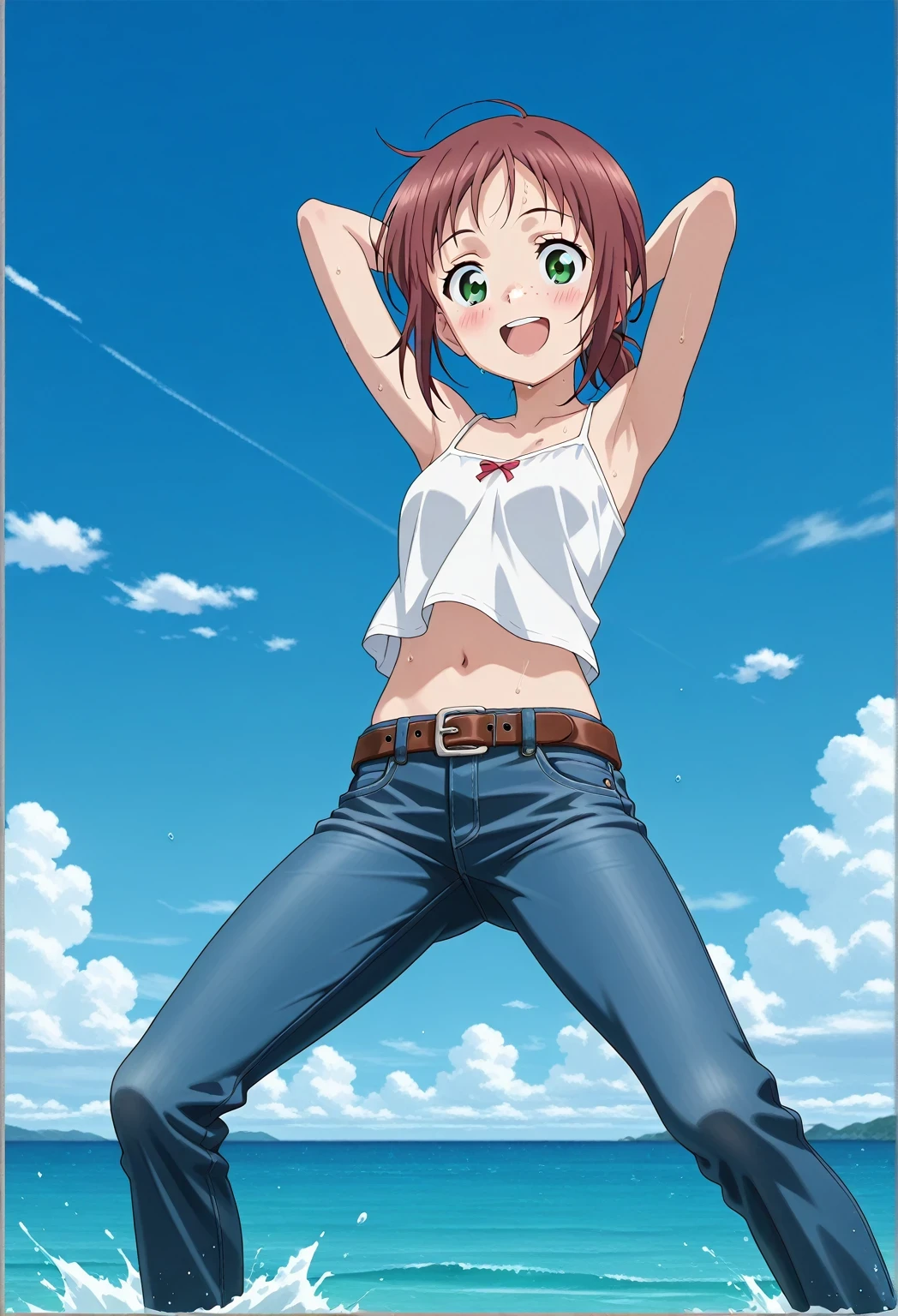 score_9, score_8_up, score_7_up, source_anime, highres, hi res, ((best quality, top quality, perfect quality, Highest Quality, amazing quality)), {{masterpiece}}, {{an extremely delicate and beautiful}}, 2d, intricate details, official style, anime, 8k, anime style, official_anime, official art, digital painting, cell shading, soft shading, high resolution, soothing tones, Subdued Color, Soft cinematic light, adobe lightroom, photolab, HDR, intricately and hyper-detailed, ((high quality animation)), 1 girl, Alone, solo, ((ocean)), tsunami, on the water, day, sunny, outdoors, sky, windy, ellif, freckles, brown hair, green eyes, short hair, low ponytail, anime screencap, small , white camisole top, crop top, white crop top, best quality, hyper-detailed jeans, belt, brown belt, ((blue jeans:1.9)), (dark blue jeans:0.6), full medium body, medium shot, Open mouth, smiling, happy face, blush, sweat, standing, ((arms behind head:6.0)), bowlegged, jumping pose, action, looking at viewer, , Bend knees slightly, straight-on front view