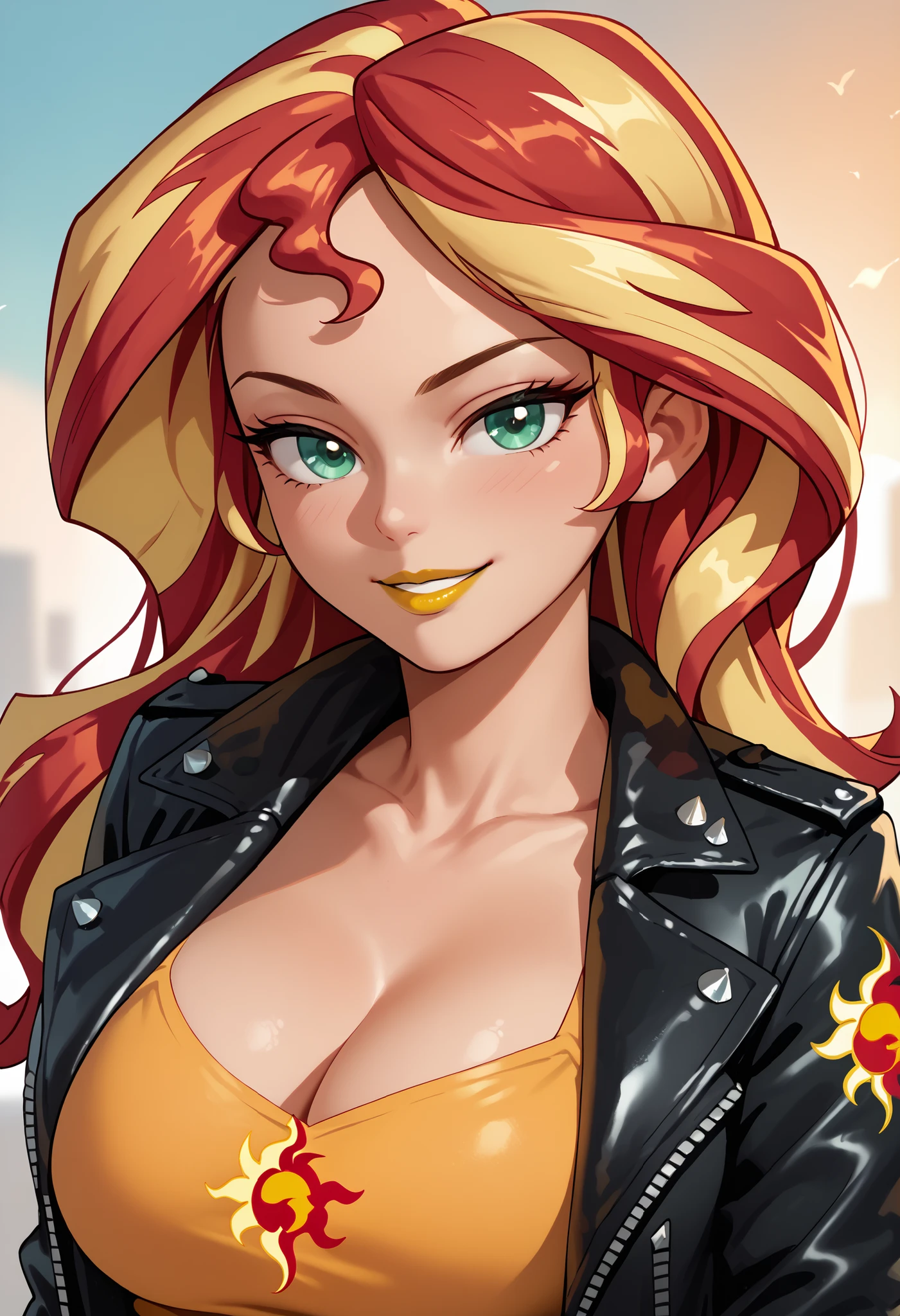 woman, orange skin, red hair, yellow hair, multicolored hair, long hair, , anime style, yellow lipstick, green eyes, Sunset Shimmer, leather jacket, sensual smile,