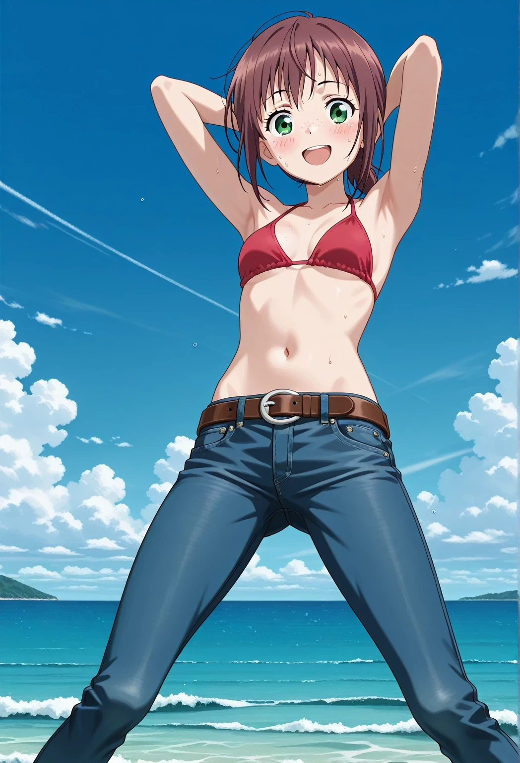 score_9, score_8_up, score_7_up, source_anime, highres, hi res, ((best quality, top quality, perfect quality, Highest Quality, amazing quality)), {{masterpiece}}, {{an extremely delicate and beautiful}}, 2d, intricate details, official style, anime, 8k, anime style, official_anime, official art, digital painting, cell shading, soft shading, high resolution, soothing tones, Subdued Color, Soft cinematic light, adobe lightroom, photolab, HDR, intricately and hyper-detailed, ((high quality animation)), 1 girl, Alone, solo, ((ocean)), tsunami, on the water, day, sunny, outdoors, sky, windy, ellif, freckles, brown hair, green eyes, short hair, low ponytail, anime screencap, small , red  top, best quality, hyper-detailed jeans, belt, brown belt, ((blue jeans:1.9)), (dark blue jeans:0.6), full medium body, medium shot, Open mouth, smiling, happy face, blush, sweat, standing, ((arms behind head:6.0)), bowlegged, jumping pose, action, looking at viewer, , Bend knees slightly, straight-on front view