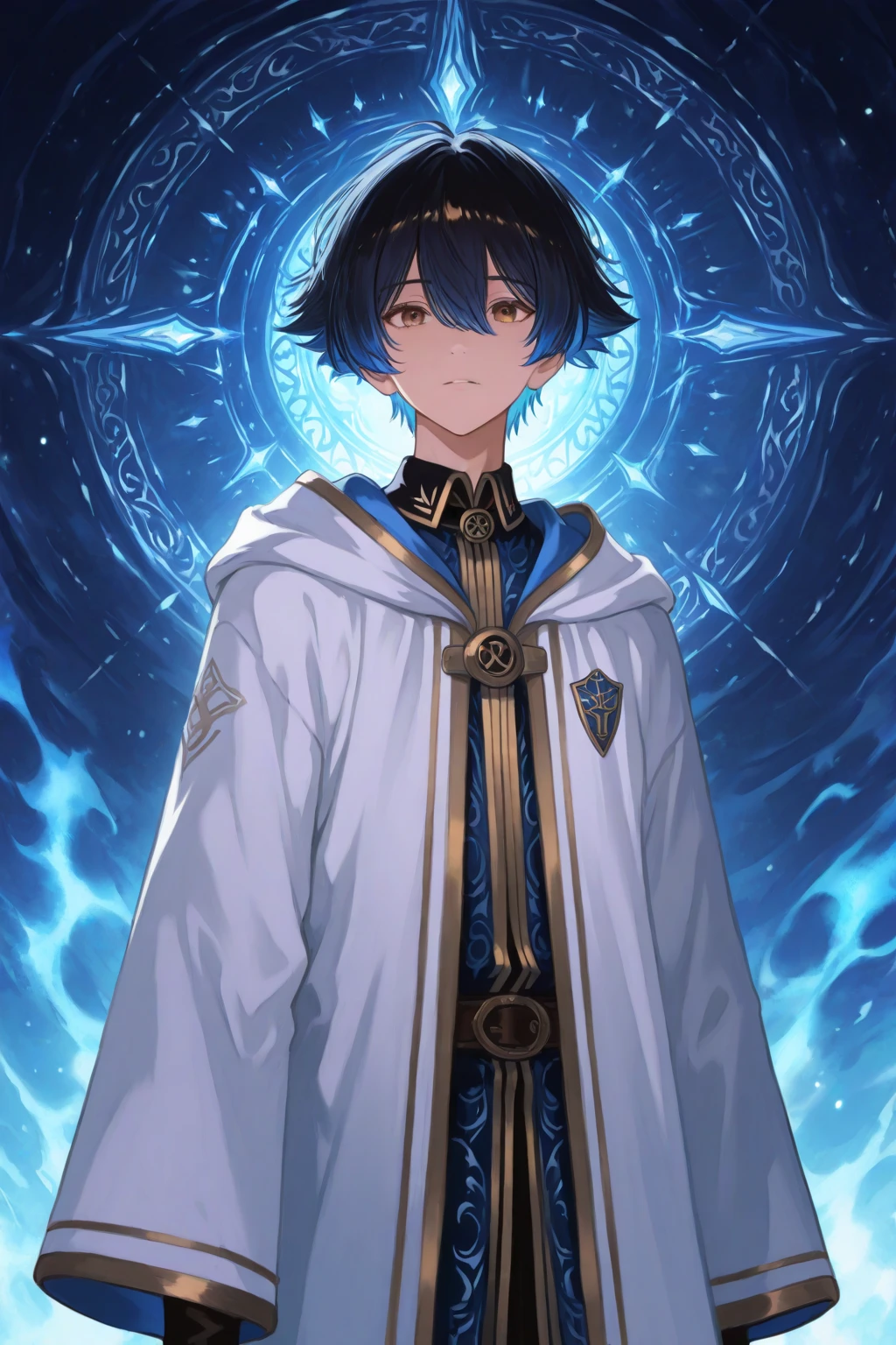 (absurdres, highres, ultra detailed), masterpiece, best quality, a boy with in white outfit, holding book, cape, wizard, solo, handsome, short hair, blue hair, blue eye, glowing eye, glow effect, blue flame, finely eye, detailed face, spark, swirl, magic vortex, isolated land background, from below, look down,