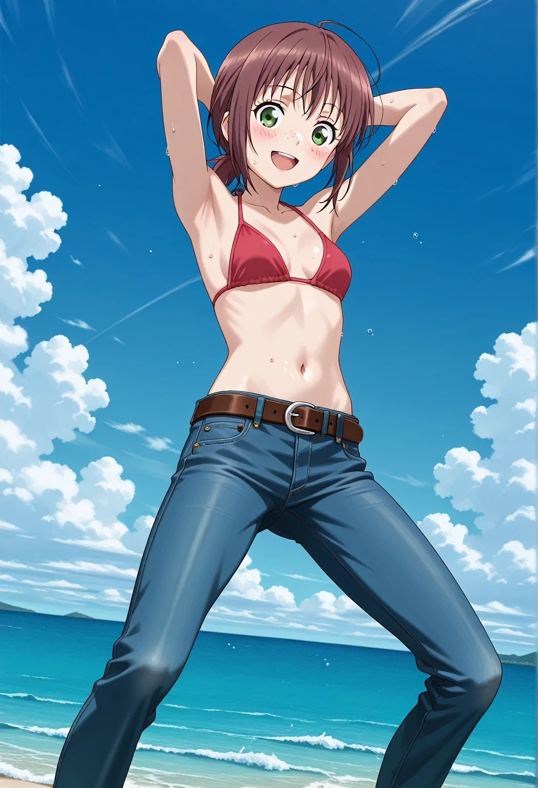 score_9, score_8_up, score_7_up, source_anime, highres, hi res, ((best quality, top quality, perfect quality, Highest Quality, amazing quality)), {{masterpiece}}, {{an extremely delicate and beautiful}}, 2d, intricate details, official style, anime, 8k, anime style, official_anime, official art, digital painting, cell shading, soft shading, high resolution, soothing tones, Subdued Color, Soft cinematic light, adobe lightroom, photolab, HDR, intricately and hyper-detailed, ((high quality animation)), 1 girl, Alone, solo, ((ocean)), tsunami, on the water, day, sunny, outdoors, sky, windy, ellif, freckles, brown hair, green eyes, short hair, low ponytail, anime screencap, small , red  top, best quality, hyper-detailed jeans, belt, brown belt, ((blue jeans:1.9)), (dark blue jeans:0.6), full medium body, medium shot, Open mouth, smiling, happy face, blush, sweat, standing, ((arms behind head:6.0)), bowlegged, jumping pose, action, looking at viewer, , Bend knees slightly, straight-on front view