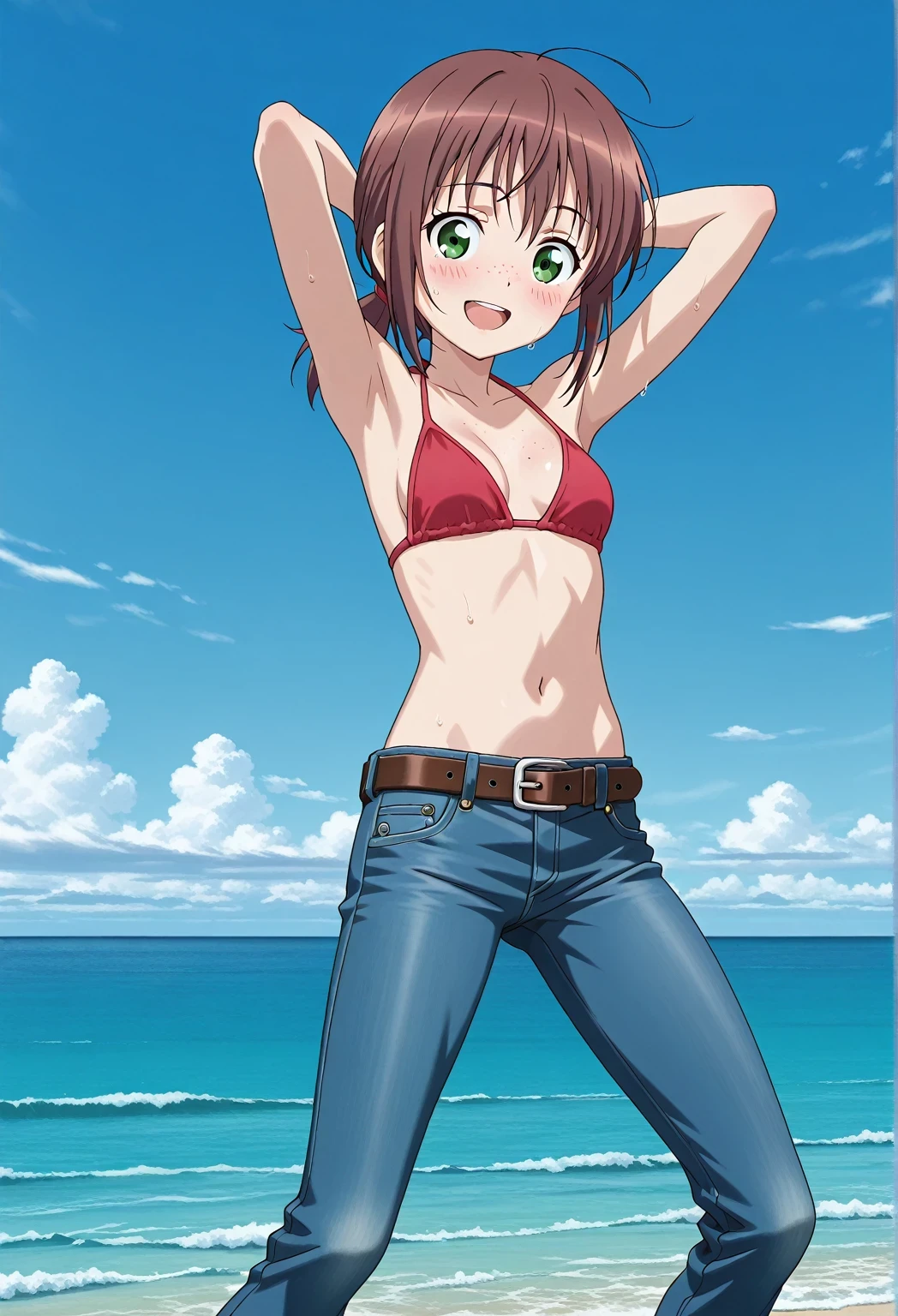 score_9, score_8_up, score_7_up, source_anime, highres, hi res, ((best quality, top quality, perfect quality, Highest Quality, amazing quality)), {{masterpiece}}, {{an extremely delicate and beautiful}}, 2d, intricate details, official style, anime, 8k, anime style, official_anime, official art, digital painting, cell shading, soft shading, high resolution, soothing tones, Subdued Color, Soft cinematic light, adobe lightroom, photolab, HDR, intricately and hyper-detailed, ((high quality animation)), 1 girl, Alone, solo, ((ocean)), tsunami, on the water, day, sunny, outdoors, sky, windy, ellif, freckles, brown hair, green eyes, short hair, low ponytail, anime screencap, small , red  top, best quality, hyper-detailed jeans, belt, brown belt, ((blue jeans:1.9)), (dark blue jeans:0.6), full medium body, medium shot, Open mouth, smiling, happy face, blush, sweat, standing, ((arms behind head:6.0)), bowlegged, jumping pose, action, looking at viewer, , Bend knees slightly, straight-on front view