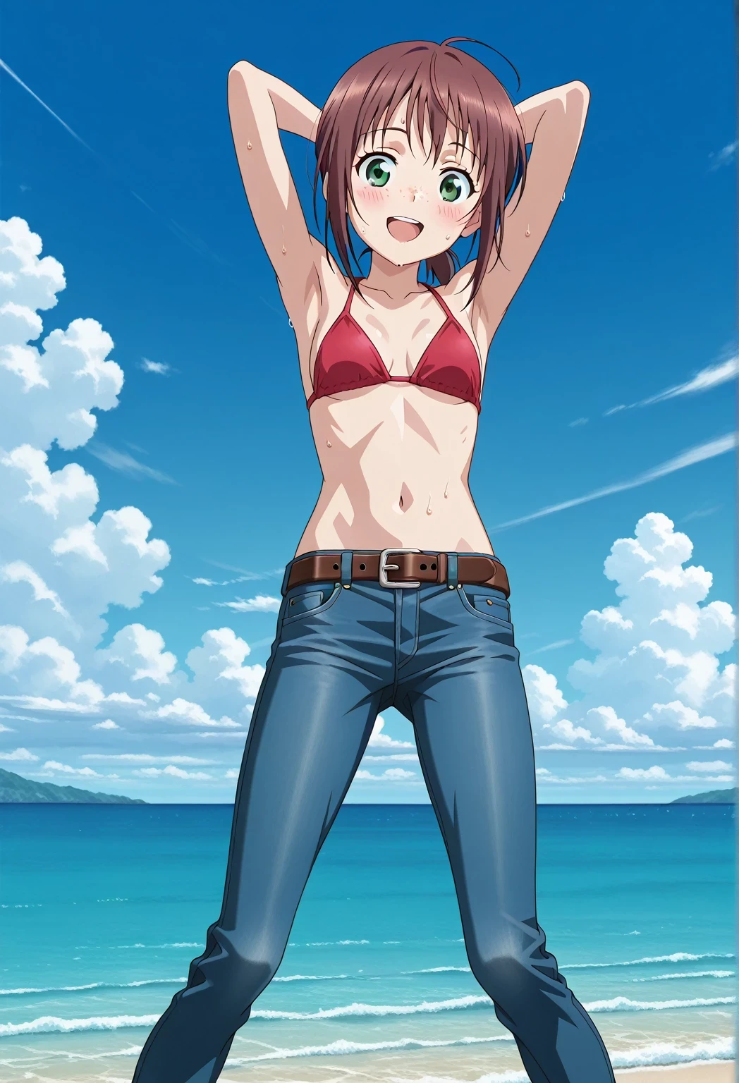 score_9, score_8_up, score_7_up, source_anime, highres, hi res, ((best quality, top quality, perfect quality, Highest Quality, amazing quality)), {{masterpiece}}, {{an extremely delicate and beautiful}}, 2d, intricate details, official style, anime, 8k, anime style, official_anime, official art, digital painting, cell shading, soft shading, high resolution, soothing tones, Subdued Color, Soft cinematic light, adobe lightroom, photolab, HDR, intricately and hyper-detailed, ((high quality animation)), 1 girl, Alone, solo, ((ocean)), tsunami, on the water, day, sunny, outdoors, sky, windy, ellif, freckles, brown hair, green eyes, short hair, low ponytail, anime screencap, small , red  top, best quality, hyper-detailed jeans, belt, brown belt, ((blue jeans:1.9)), (dark blue jeans:0.6), full medium body, medium shot, Open mouth, smiling, happy face, blush, sweat, standing, ((arms behind head:6.0)), bowlegged, jumping pose, action, looking at viewer, , Bend knees slightly, straight-on front view