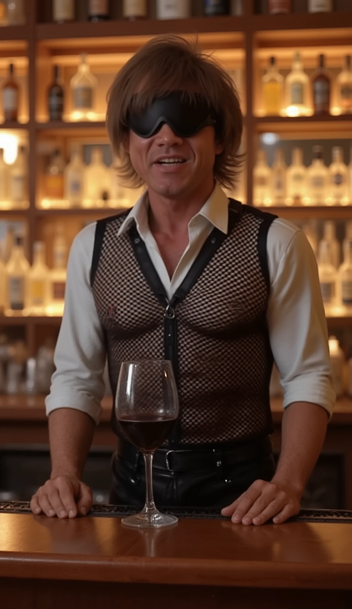 BAR,bar counter,(takuya),sunglasses,The mesh outfit,bartender attire,Wine Glasses, red wine,Smile Yan, male,1man,close-up,dynamic,beautiful,beautiful,colorful,live-action,realistic,safe content (masterpiece, 最High Quality, High Quality, detailed background, complicated details,complicated,Ultra High Definition, is so pretty,Newest:1.2)