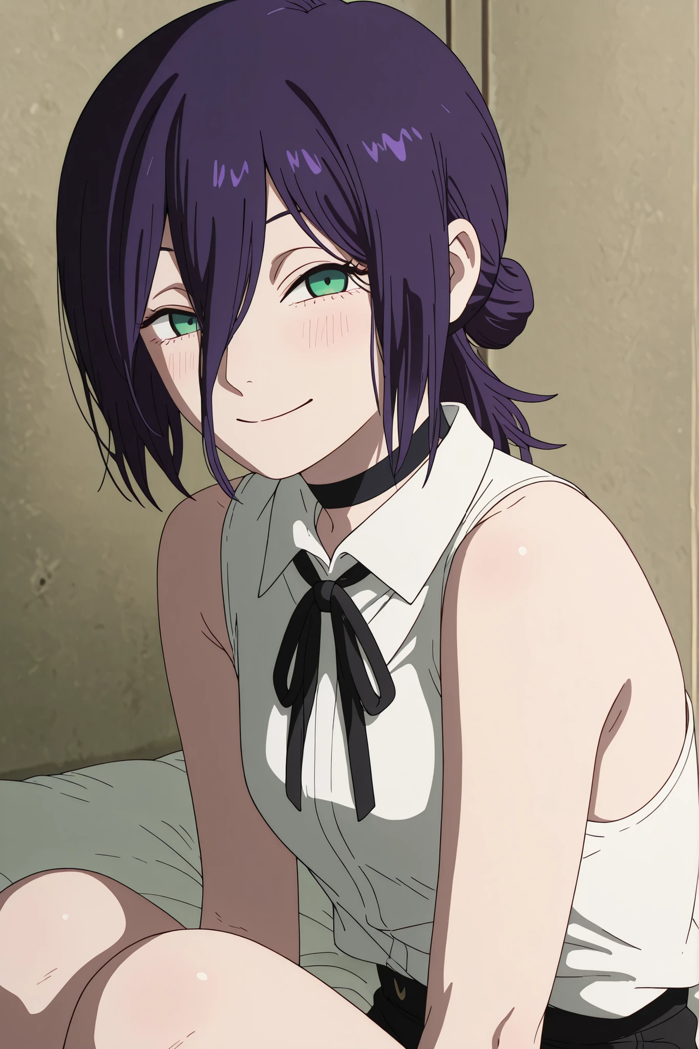 (masterpiece, detailed:1.2),reze, black choker, purple hair, choker, eyebrows hidden by hair, green eyes, hair between eyes, long bangs, medium hair, reze from chainsaw man,,bare shoulders, black ribbon, collar, collared shirt, neck ribbon, ribbon, shirt, sleeveless, sleeveless shirt, white shirt, smile, closed mouth, sitting, playing own hair, blush1:1.4, shy expression, facing viewer