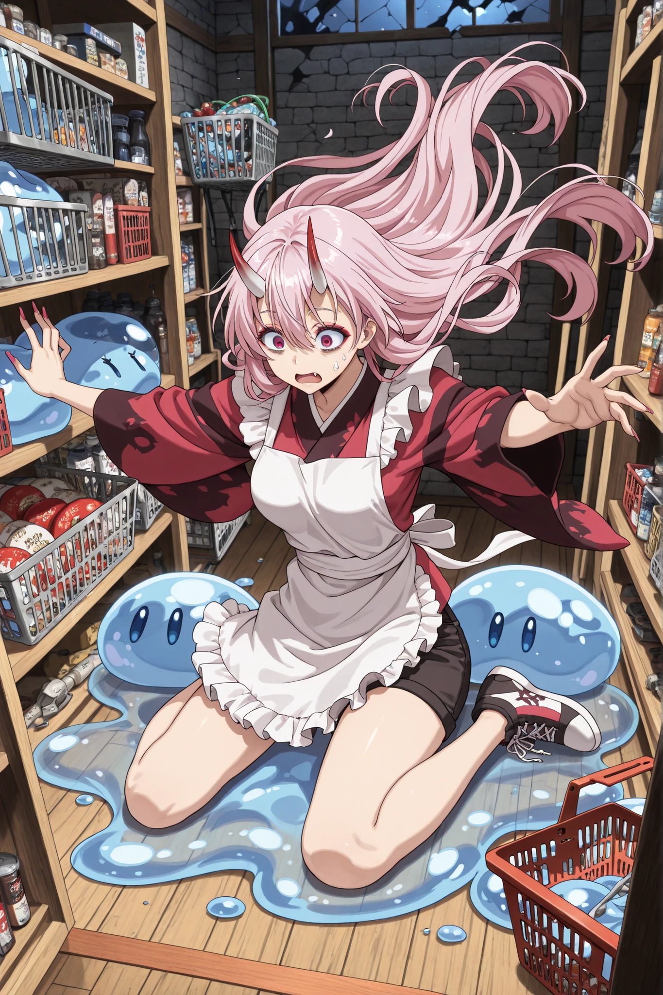 ((language: Japanese、English)、(Masterpiece), (Highest Quality), (High Score), (High Resolution),Uncensored,),
Midnight,moonlight,
(Fantasy、Medieval Japan、(summer)、( Midnight )、(Indoor)、1girl,,solo,),

(,（konbini, scenery,Wooden shop,Product Shelf,Shopping basket on the floor,indoors,(A large amount of slime),Blue puddl,big puddl）、,,（The Girl Who Fell）、(Broken lighting, dimly lit store),,,(Anatomically accurate structure),),

((,BREAK,(game cg), (Hair flowing in the wind), (hairdetailer:1.5),(ultra-detailed face:1.4),(detailed eyes:1.4),[(Frontlight:1.2)],))

((mature woman,shuna,long hair,pink hair,oni horns,oni,hair between eyes,Long nails,fang,,BREAK,(Japanese clothing, kimono, cherry blossom pattern kimono, black shorts, sneakers,(white apron,Apron with frills,)(medium breasts),(Slender),(short stature),),((surprised),wide-eyed,(opened mouth),(spoken interrobang ),(makeup:1.7),)sitting on the puddle,,BREAK,(wariza:1.5)(paw pose:1),(spread arms:0.6),(bent knees),(head down:0.5),[looking down:1.3],,BREAK,[cowboy shot:1.5],[from above:1.5],),

(),
（high score）、（Superb image generation）、
