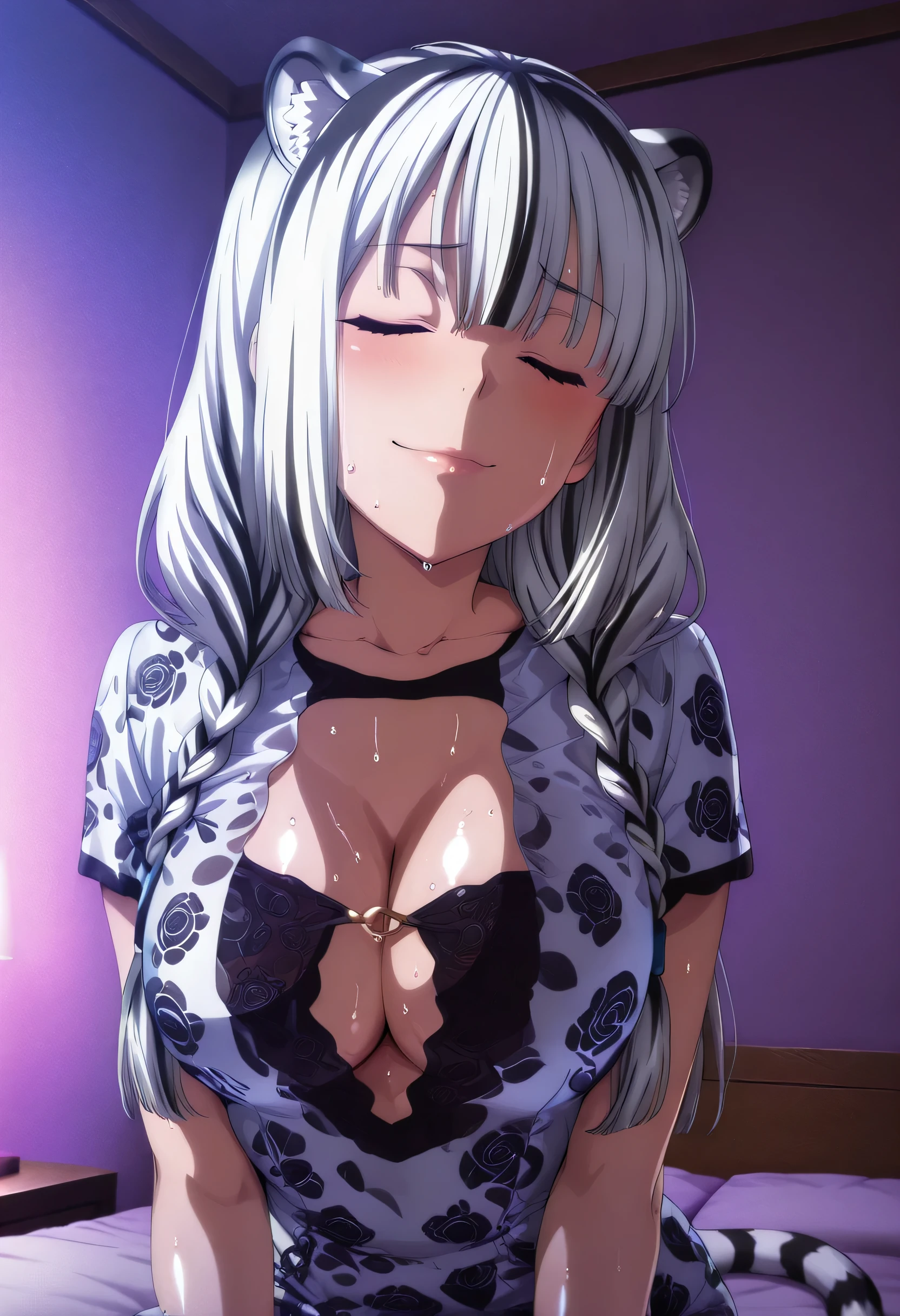 score_9 , score_8_up , score_7_source_anime detailed eyes,anime eyes,high detail eyes,multicolored iris,detailed iris,anime style, 4k masterpiece, best quality, girl, beautiful face, clean skin, shiny hair, shiny skin, beautiful face, perfect eyes, 4k high quality eyes, high quality brightness, best quality, 4k very aesthetic, absurd, perfect body quality, beautiful curves, perfect, perfect genitals, beautiful ambient light, beautiful aesthetics, very realistic scenery, 4k high quality, masterpiece, best quality, absurd, latest, high resolution, official art, best quality, absurd, latest, high resolution, official art, screenshot, anime screenshot, anime coloring, amazing quality 4k, 1girl, atla, closed eyes, long hair, bangs, animal ears, white tiger ear, white hair, multicolored hair, double braids, black and white tiger tail, large breasts, bodycon, short sleeves, floral print, cleavage cutout, shiny skin 4k, wet body 4k, shiny oily skin 4k, sweat 4k, shiny hair 4k, in a luxury hotel at night 4k, dark room, beautiful aesthetics with purple light, very detailed room 4k, body with a lot of sweat and all over the body 4k, at night, dark room, beautiful aesthetics with purple light 4k, very detailed room, very beautiful aesthetic lighting 4k, lighting with a lot of realism on the body, beautiful scenery with a lot of details, lighting with a lot of realism on the body, in a luxury hotel, mischievous smile,