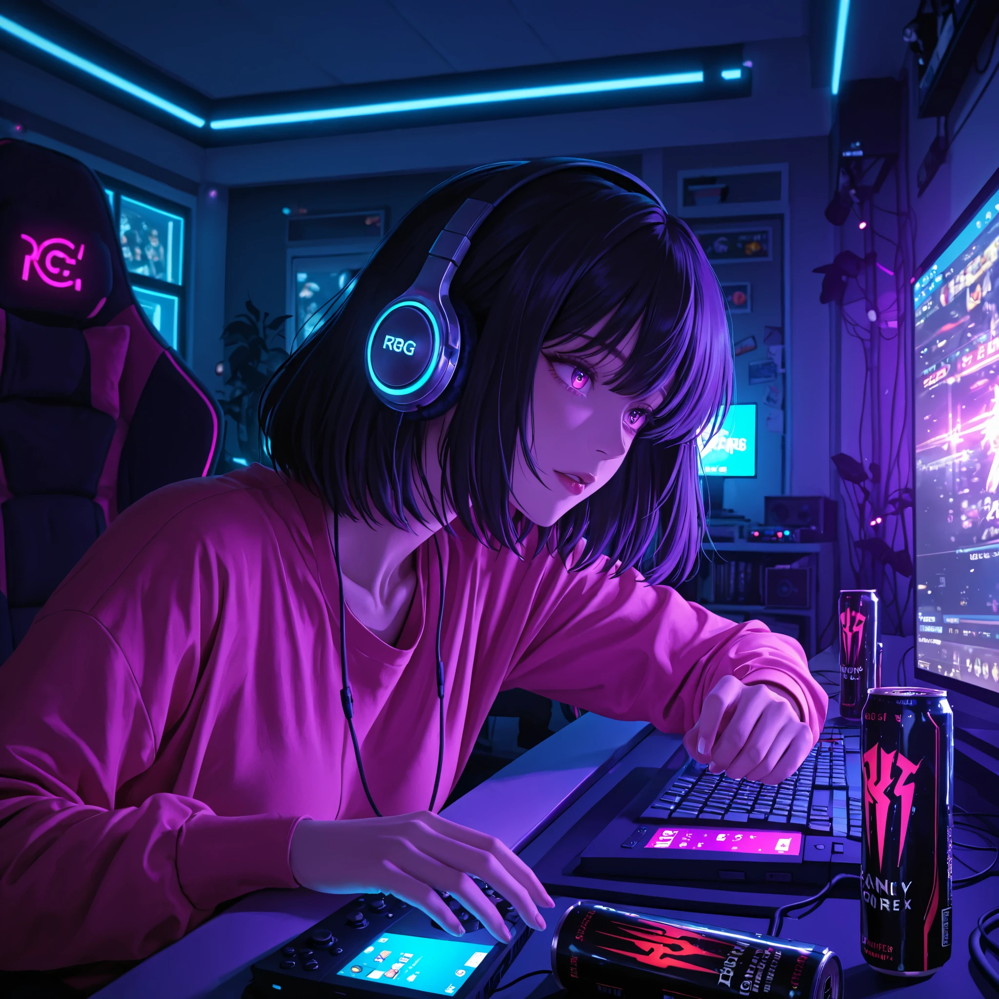 anime girl playing video games on PC, RGB lights glowing, headphones on, energy drink beside, focus expression, anime style 4k, detailed gaming room