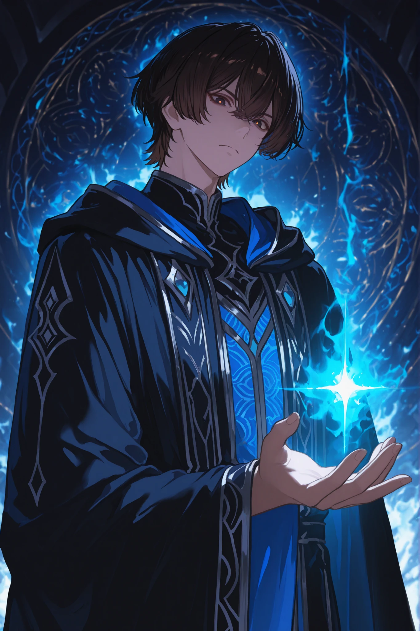 Male illusion wizard, age 24, anime fantasy style. Dark black tousled hair, dark brown sharp eyes, serious and distant expression. Theme color blue. Wearing elegant academy mage robes in deep blue with dark silver trim, layered cloth, glowing blue arcane patterns. Surrounded by a magical blue aura, casting a spell. Scholarly and mysterious atmosphere. Highly detailed, vibrant colors, dramatic lighting.