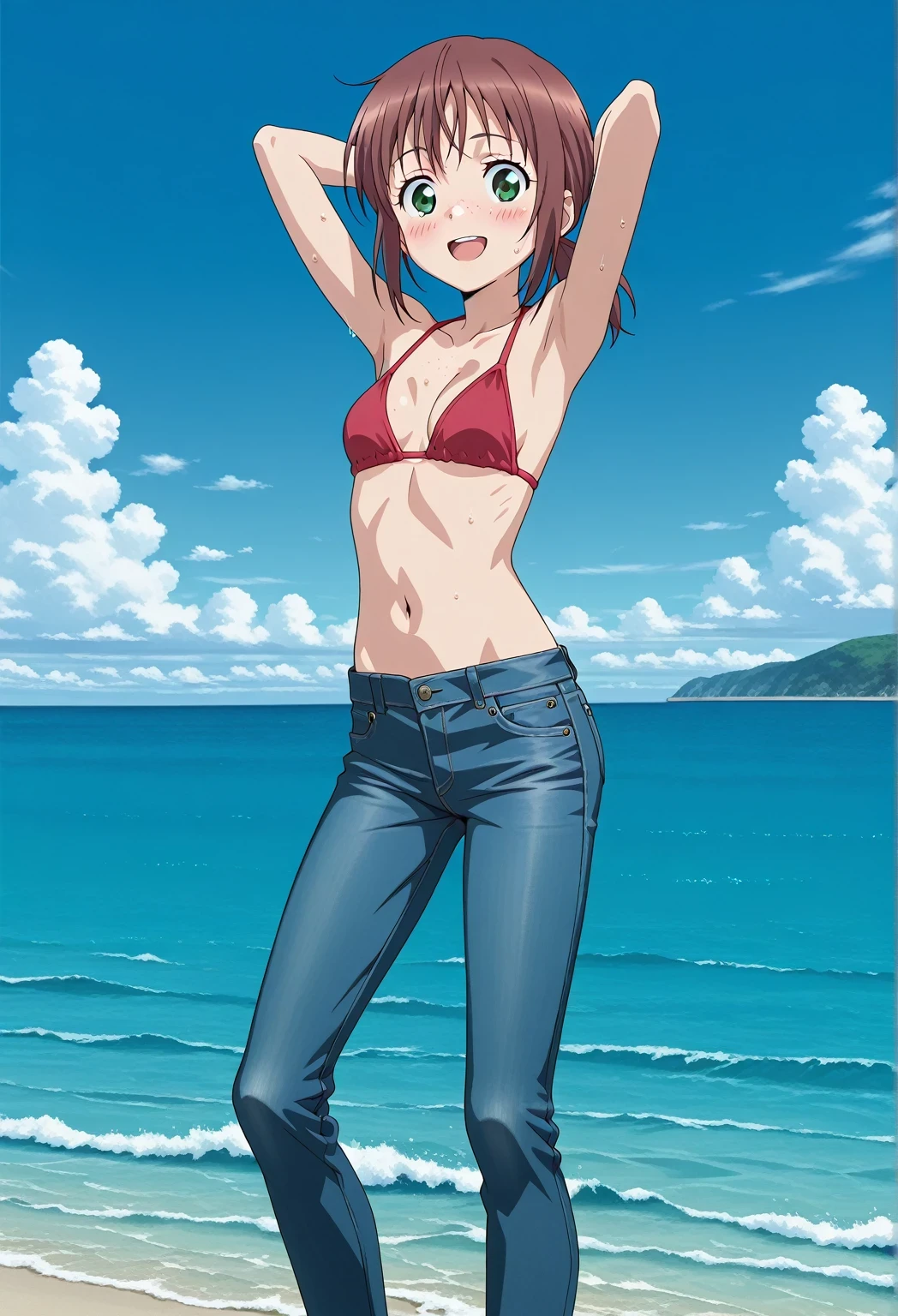 score_9, score_8_up, score_7_up, source_anime, highres, hi res, ((best quality, top quality, perfect quality, Highest Quality, amazing quality)), {{masterpiece}}, {{an extremely delicate and beautiful}}, 2d, intricate details, official style, anime, 8k, anime style, official_anime, official art, digital painting, cell shading, soft shading, high resolution, soothing tones, Subdued Color, Soft cinematic light, adobe lightroom, photolab, HDR, intricately and hyper-detailed, ((high quality animation)), 1 girl, Alone, solo, ((ocean)), tsunami, on the water, day, sunny, outdoors, sky, windy, ellif, freckles, brown hair, green eyes, short hair, low ponytail, anime screencap, small , red  top, best quality, hyper-detailed jeans, ((blue jeans:1.9)), (dark blue jeans:0.6), full medium body, medium shot, Open mouth, smiling, happy face, blush, sweat, standing, ((arms behind head:6.0)), bowlegged, jumping pose, action, looking at viewer, , Bend knees slightly, straight-on front view