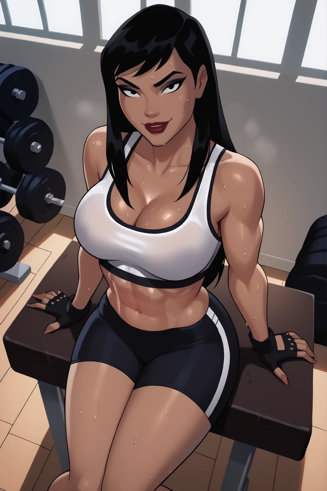 BREAK, score_6_up, score_7_up, score_8_up, score_9, 1girl, solo, Drlight, long hair, black hair, black eyes, lipstick, makeup, dark-skinned female, , busty, cleavage, curvy, athletic, midriff, looking at viewer, seducing viewer, teasing viewer, expression, smiling, closed mouth, bedroom eyes, white sports bra, black gym shorts, white fingerless gloves, indoors, gym, sitting on stool, closeup, portrait, upper body, high-angle view, black eyeshadow, sweaty, sweat drops