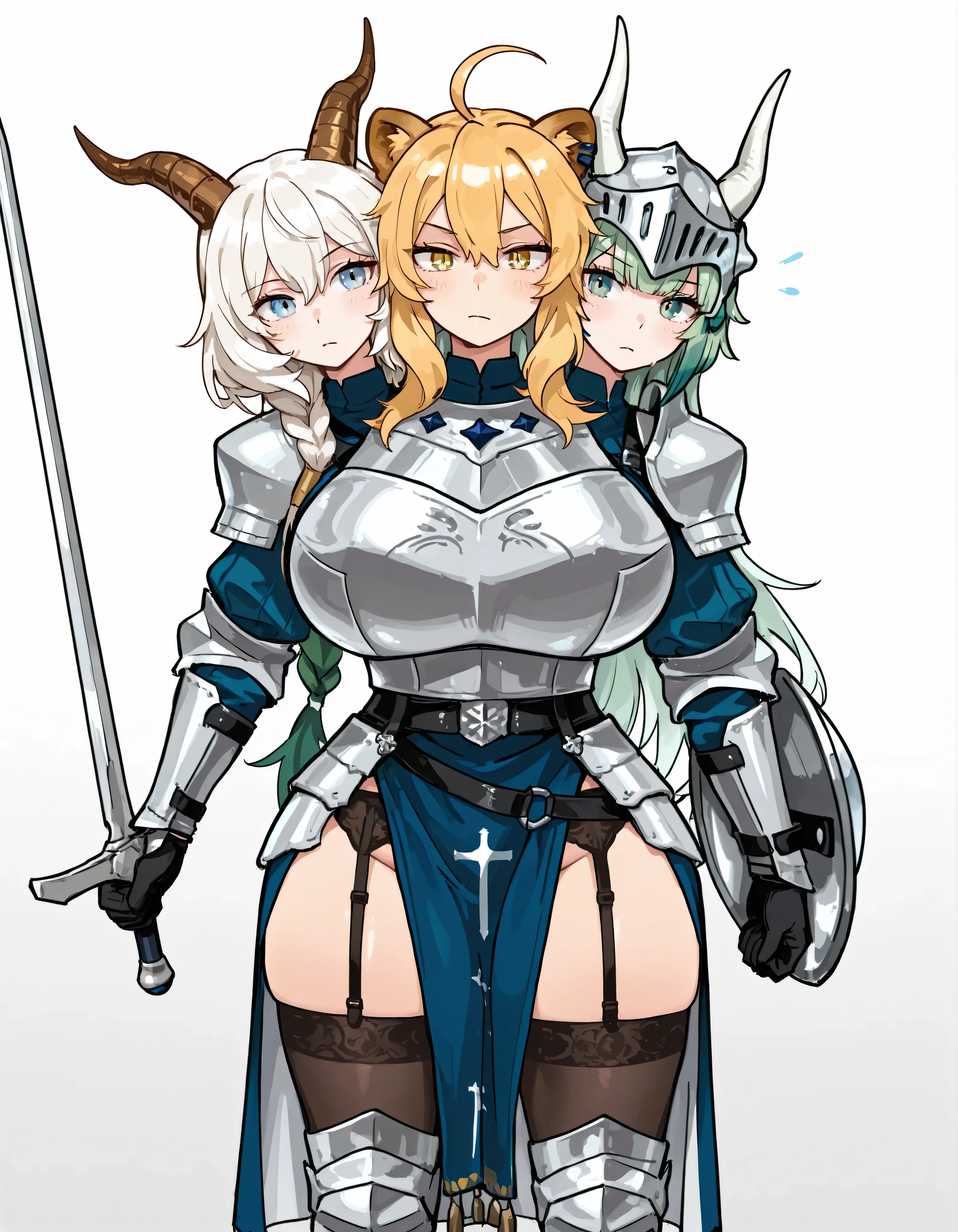 conjoined, 3girls, 3heads, three heads, a tall thin girls with 3 heads, blonde hair, yellow eyes, lion girl, blonde hair lion girl, white hair, blue eyes, goat girl, white hair goat girl, green hair, green eyes, dragon girl, green hair dragon girl, chest armor, armor dress, blue dress, silver armor, blue pelvic curtain, Pelvic curtain with cross, female knight, front shots, thighs, huge breasts, black Garter Belt, black stockings, knee armor, silver sword, silver shield,