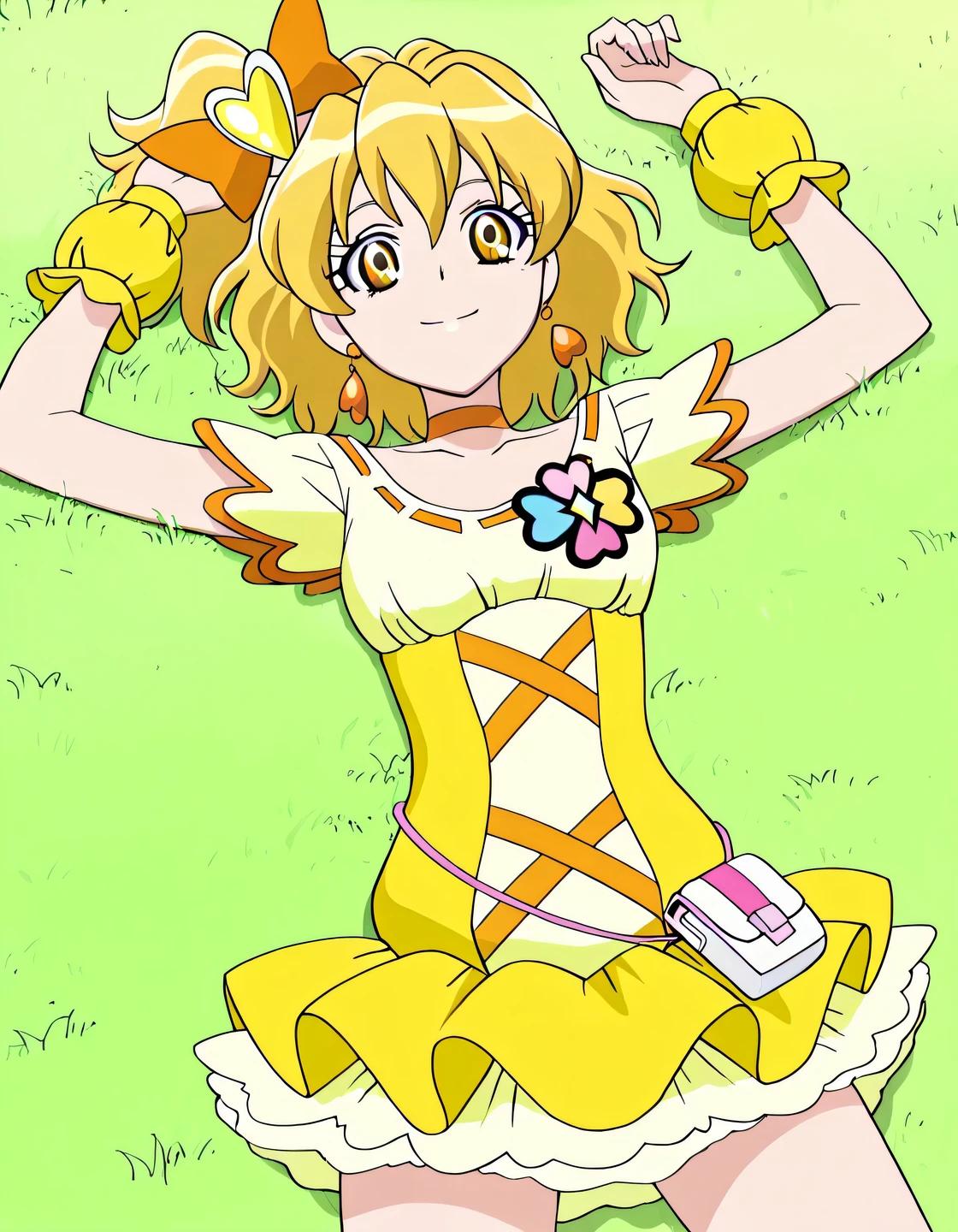 Cure Pine, yellow_hair, short_hair, wavy hair, short side tail, hair_ornament, gold eyes, small_breasts, yellow precure costumes, anime screencap, high quality, closed mouth, solo, cowboy shot, medium shot, lying, on back, grass, arms up, legs apart, looking at viewer, smile, best quality