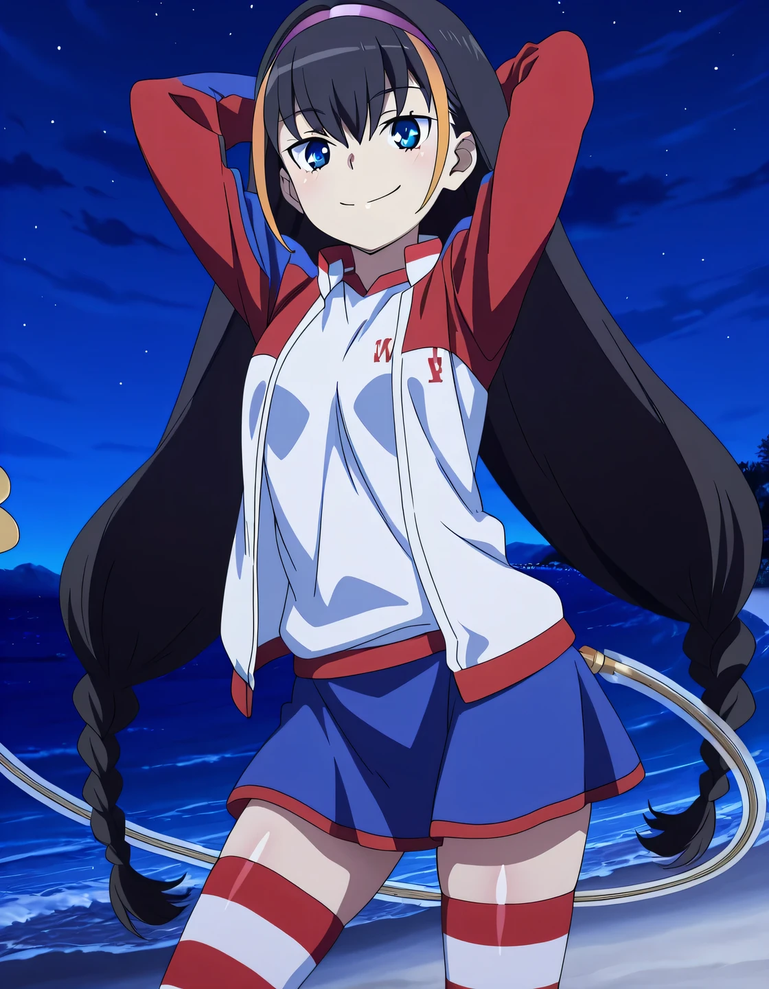 lessar, solo, blue eyes, multicolored hair, streaked hair, brown hair, highlights, long hair, braid, mechanical tail, hairband, blue skirt, black gloves, striped thighhighs, jacket, anime screencap, high quality, solo, shiny skin, night sky, beach, arms behind head, (contrapposto), closed mouth, smile, cowboy shot, looking at viewer, best quality