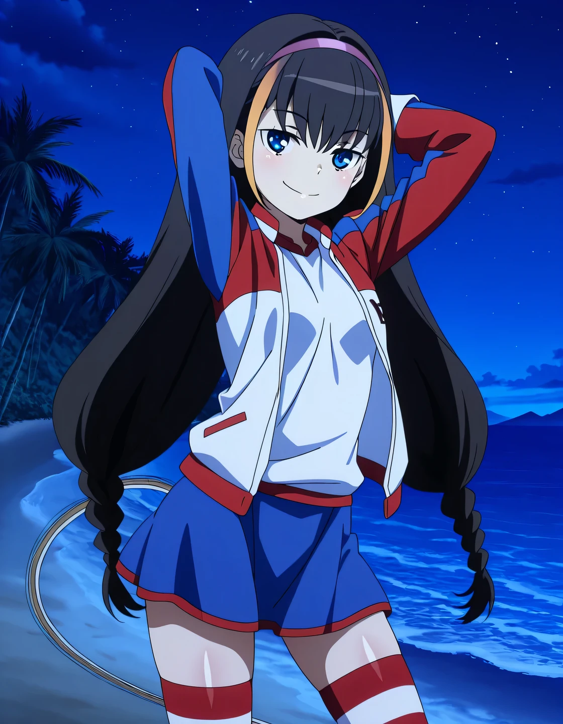 lessar, solo, blue eyes, multicolored hair, streaked hair, brown hair, highlights, long hair, braid, mechanical tail, hairband, blue skirt, black gloves, striped thighhighs, jacket, anime screencap, high quality, solo, shiny skin, night sky, beach, arms behind head, (contrapposto), closed mouth, smile, cowboy shot, looking at viewer, best quality