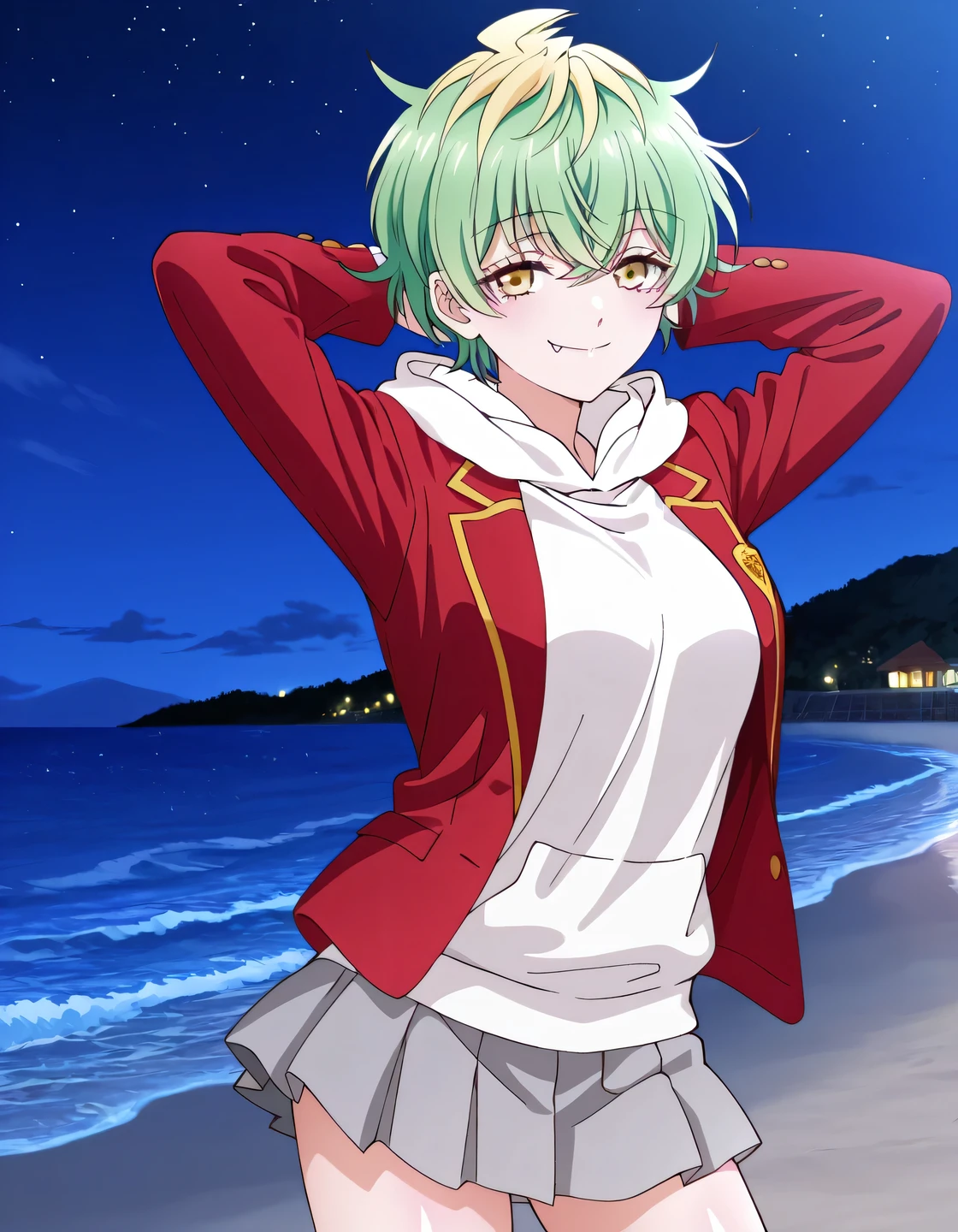 EBMiwa, , solo, smile, short hair, green hair, blonde hair, yellow eyes, multicolored hair, two-tone hair, streaked hair, fang, ,long sleeves, school uniform, open jacket, hoodie, hood down, blazer, red jacket, white hoodie, white hood, grey skirt, miniskirt, pleated skirt, high quality, solo, shiny skin, night sky, beach, arms behind head, (contrapposto), closed mouth, smile, cowboy shot, looking at viewer, best quality