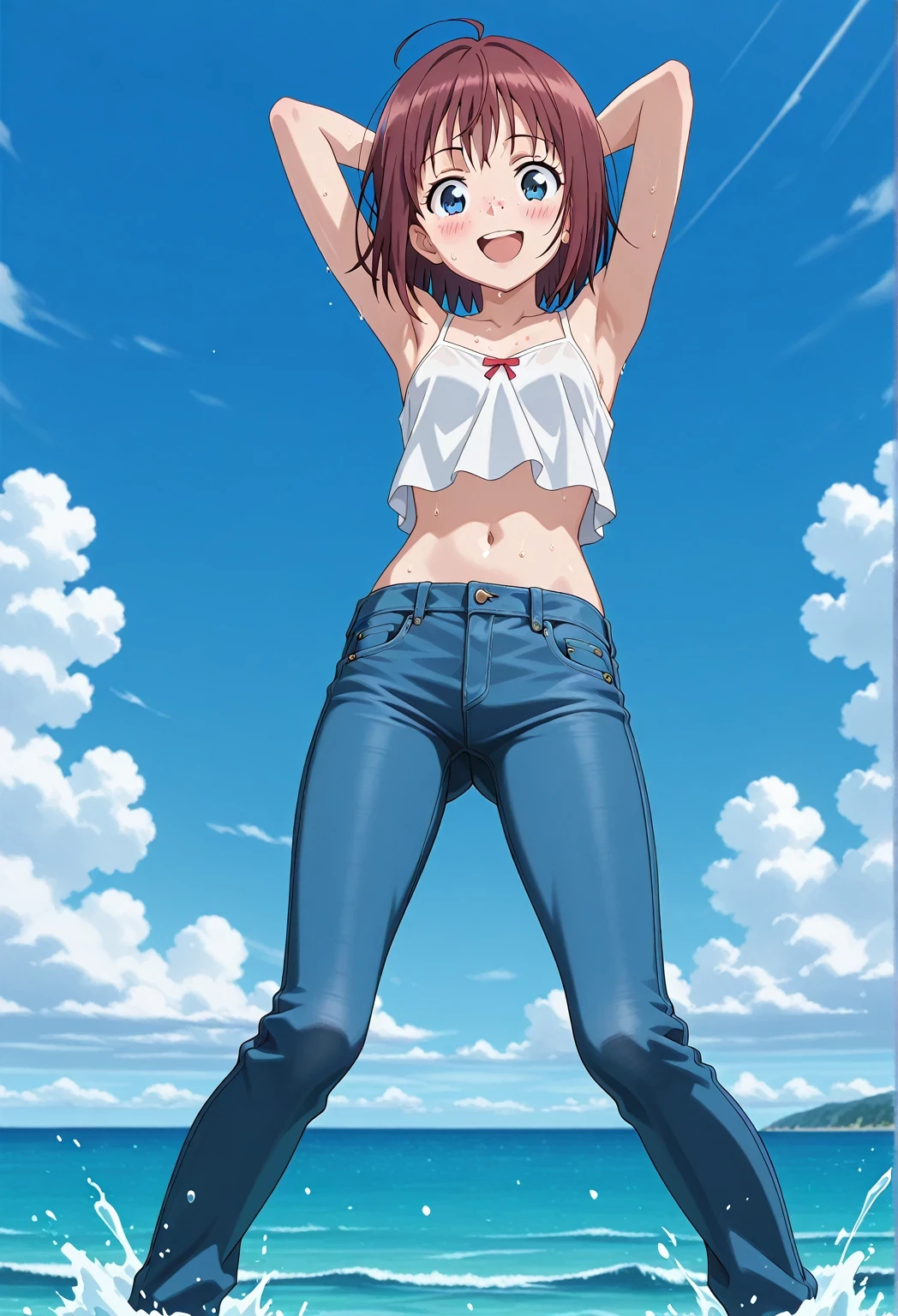 score_9, score_8_up, score_7_up, source_anime, highres, hi res, ((best quality, top quality, perfect quality, Highest Quality, amazing quality)), {{masterpiece}}, {{an extremely delicate and beautiful}}, 2d, intricate details, official style, anime, 8k, anime style, official_anime, official art, digital painting, cell shading, soft shading, high resolution, soothing tones, Subdued Color, Soft cinematic light, adobe lightroom, photolab, HDR, intricately and hyper-detailed, ((high quality animation)), 1 girl, Alone, solo, ((ocean)), tsunami, on the water, day, sunny, outdoors, sky, windy, Maxine_DE, freckles, brown hair, blue eyes, short hair, bob cut, anime screencap, small breasts, white camisole top, crop top, white crop top, best quality, hyper-detailed jeans, ((blue jeans:1.9)), (dark blue jeans:0.6), full medium body, medium shot, Open mouth, smiling, happy face, blush, sweat, standing, ((arms behind head:6.0)), bowlegged, jumping pose, action, looking at viewer, spread legs, Bend knees slightly, straight-on front view