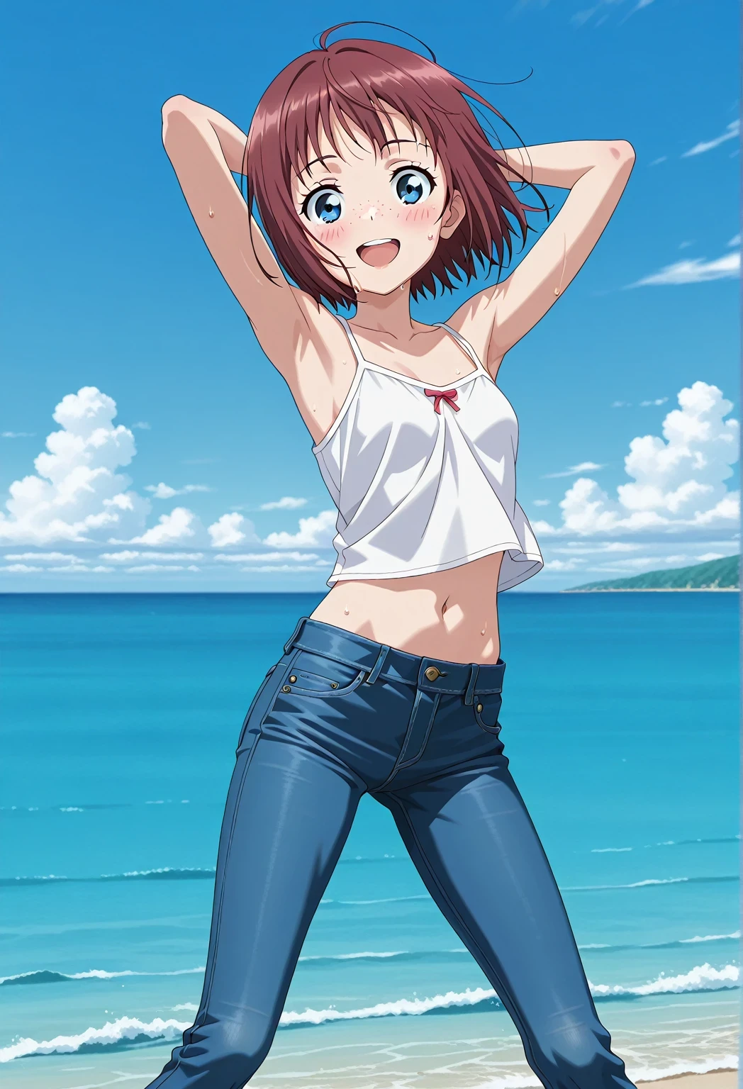score_9, score_8_up, score_7_up, source_anime, highres, hi res, ((best quality, top quality, perfect quality, Highest Quality, amazing quality)), {{masterpiece}}, {{an extremely delicate and beautiful}}, 2d, intricate details, official style, anime, 8k, anime style, official_anime, official art, digital painting, cell shading, soft shading, high resolution, soothing tones, Subdued Color, Soft cinematic light, adobe lightroom, photolab, HDR, intricately and hyper-detailed, ((high quality animation)), 1 girl, Alone, solo, ((ocean)), tsunami, on the water, day, sunny, outdoors, sky, windy, Maxine_DE, freckles, brown hair, blue eyes, short hair, bob cut, anime screencap, small breasts, white camisole top, crop top, white crop top, best quality, hyper-detailed jeans, ((blue jeans:1.9)), (dark blue jeans:0.6), full medium body, medium shot, Open mouth, smiling, happy face, blush, sweat, standing, ((arms behind head:6.0)), bowlegged, jumping pose, action, looking at viewer, spread legs, Bend knees slightly, straight-on front view