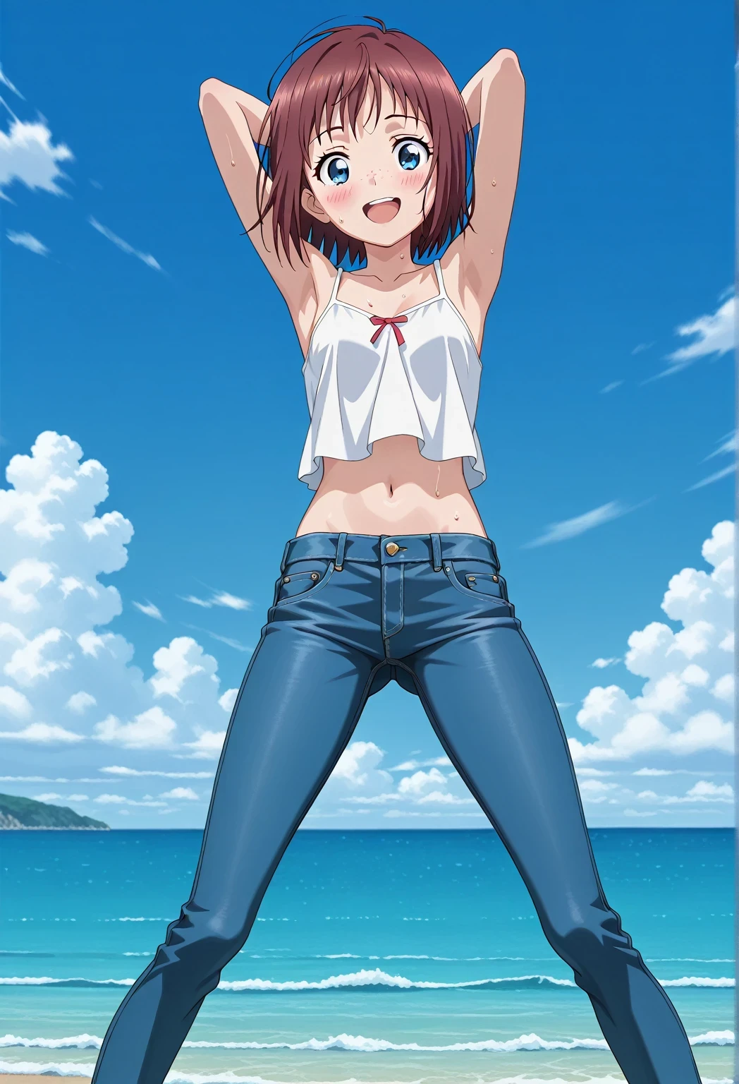 score_9, score_8_up, score_7_up, source_anime, highres, hi res, ((best quality, top quality, perfect quality, Highest Quality, amazing quality)), {{masterpiece}}, {{an extremely delicate and beautiful}}, 2d, intricate details, official style, anime, 8k, anime style, official_anime, official art, digital painting, cell shading, soft shading, high resolution, soothing tones, Subdued Color, Soft cinematic light, adobe lightroom, photolab, HDR, intricately and hyper-detailed, ((high quality animation)), 1 girl, Alone, solo, ((ocean)), tsunami, on the water, day, sunny, outdoors, sky, windy, Maxine_DE, freckles, brown hair, blue eyes, short hair, bob cut, anime screencap, small breasts, white camisole top, crop top, white crop top, best quality, hyper-detailed jeans, ((blue jeans:1.9)), (dark blue jeans:0.6), full medium body, medium shot, Open mouth, smiling, happy face, blush, sweat, standing, ((arms behind head:6.0)), bowlegged, jumping pose, action, looking at viewer, spread legs, Bend knees slightly, straight-on front view
