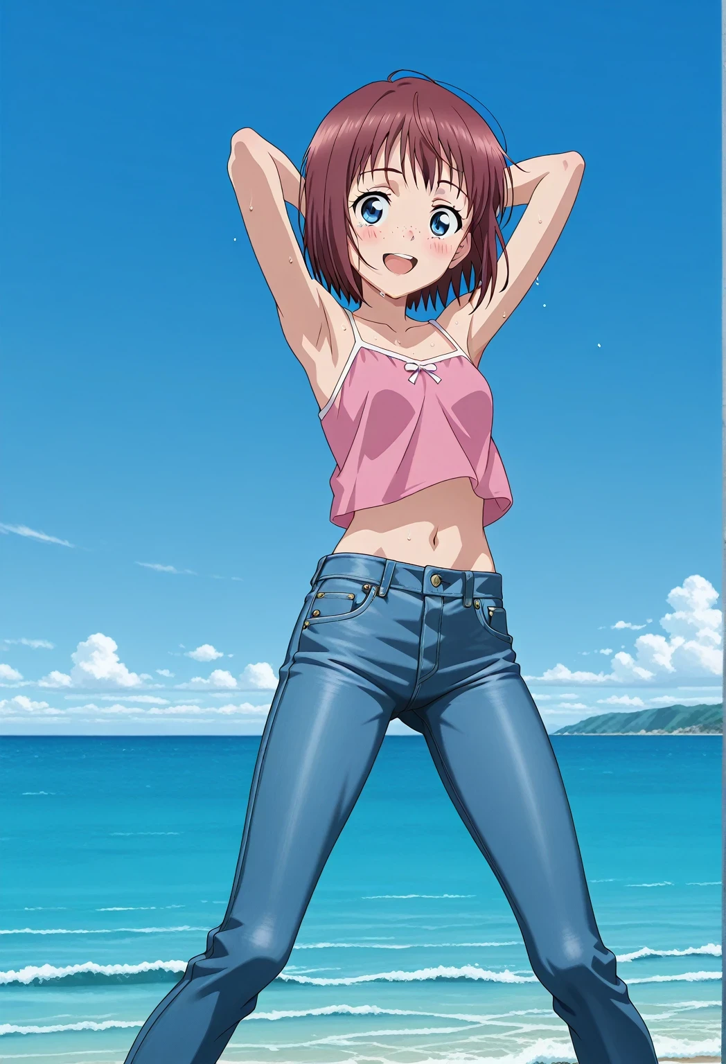 score_9, score_8_up, score_7_up, source_anime, highres, hi res, ((best quality, top quality, perfect quality, Highest Quality, amazing quality)), {{masterpiece}}, {{an extremely delicate and beautiful}}, 2d, intricate details, official style, anime, 8k, anime style, official_anime, official art, digital painting, cell shading, soft shading, high resolution, soothing tones, Subdued Color, Soft cinematic light, adobe lightroom, photolab, HDR, intricately and hyper-detailed, ((high quality animation)), 1 girl, Alone, solo, ((ocean)), tsunami, on the water, day, sunny, outdoors, sky, windy, Maxine_DE, freckles, brown hair, blue eyes, short hair, bob cut, anime screencap, small breasts, pink camisole top, crop top, pink crop top, best quality, hyper-detailed jeans, ((blue jeans:1.9)), (dark blue jeans:0.6), full medium body, medium shot, Open mouth, smiling, happy face, blush, sweat, standing, ((arms behind head:6.0)), bowlegged, jumping pose, action, looking at viewer, spread legs, Bend knees slightly, straight-on front view