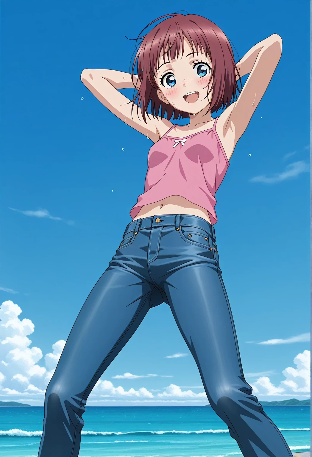 score_9, score_8_up, score_7_up, source_anime, highres, hi res, ((best quality, top quality, perfect quality, Highest Quality, amazing quality)), {{masterpiece}}, {{an extremely delicate and beautiful}}, 2d, intricate details, official style, anime, 8k, anime style, official_anime, official art, digital painting, cell shading, soft shading, high resolution, soothing tones, Subdued Color, Soft cinematic light, adobe lightroom, photolab, HDR, intricately and hyper-detailed, ((high quality animation)), 1 girl, Alone, solo, ((ocean)), tsunami, on the water, day, sunny, outdoors, sky, windy, Maxine_DE, freckles, brown hair, blue eyes, short hair, bob cut, anime screencap, small breasts, pink camisole top, crop top, pink crop top, best quality, hyper-detailed jeans, ((blue jeans:1.9)), (dark blue jeans:0.6), full medium body, medium shot, Open mouth, smiling, happy face, blush, sweat, standing, ((arms behind head:6.0)), bowlegged, jumping pose, action, looking at viewer, spread legs, Bend knees slightly, straight-on front view