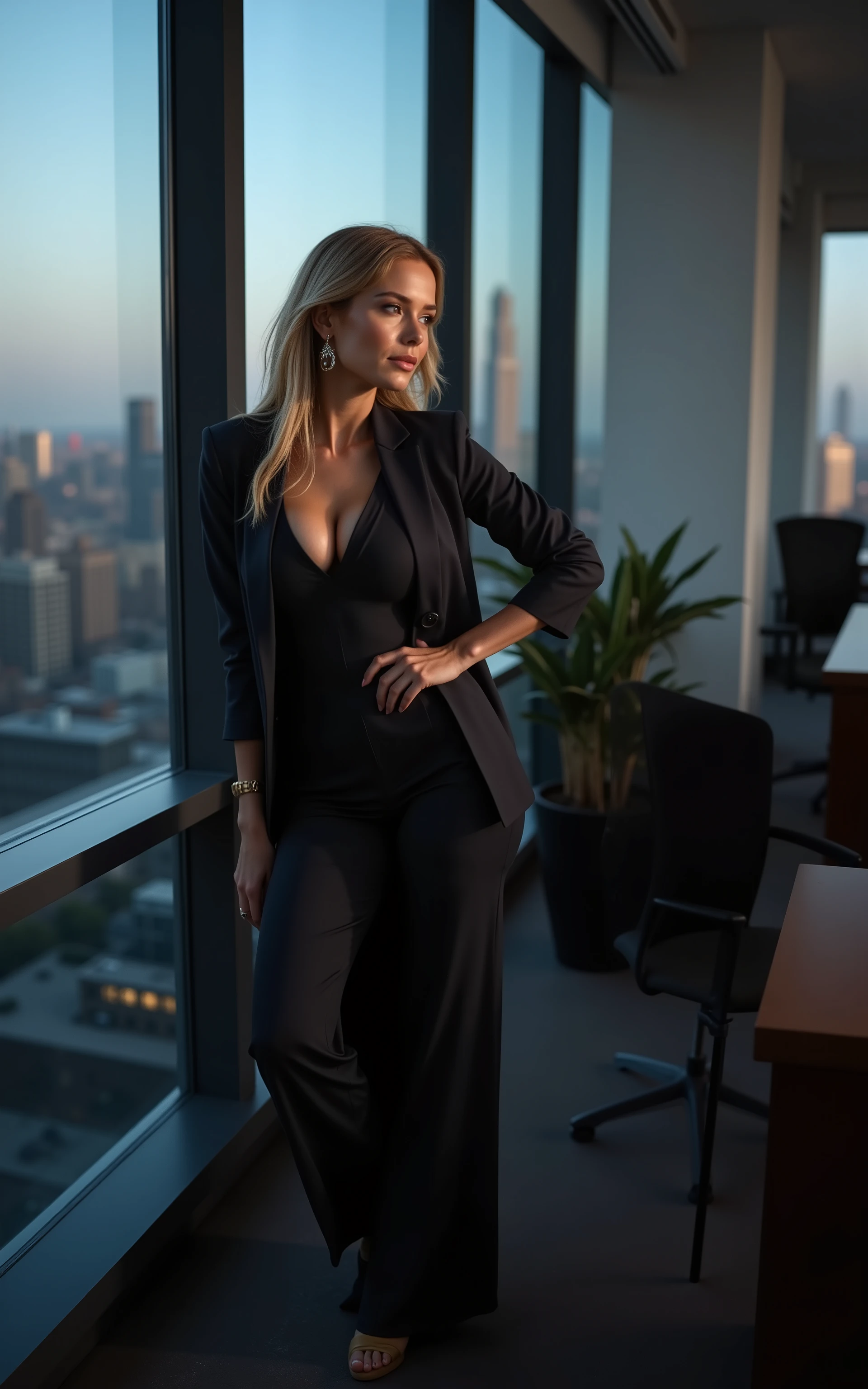 bustysigrid,gorgeous corporate leader in stylish business ensemble, leaning thoughtfully against floor-to-ceiling windows, New York skyline stretching to horizon, dusk lighting creating dramatic atmosphere, perfect professional styling, elegant accessories, modern architectural office interior, premium design elements, fashion photography lighting techniques