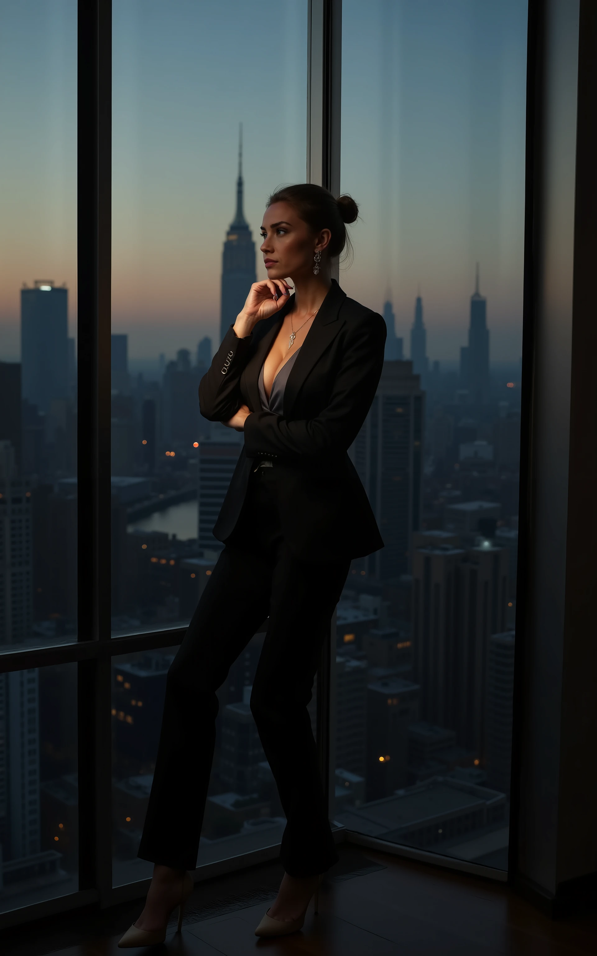bustysigrid,gorgeous corporate leader in stylish business ensemble, leaning thoughtfully against floor-to-ceiling windows, New York skyline stretching to horizon, dusk lighting creating dramatic atmosphere, perfect professional styling, elegant accessories, modern architectural office interior, premium design elements, fashion photography lighting techniques