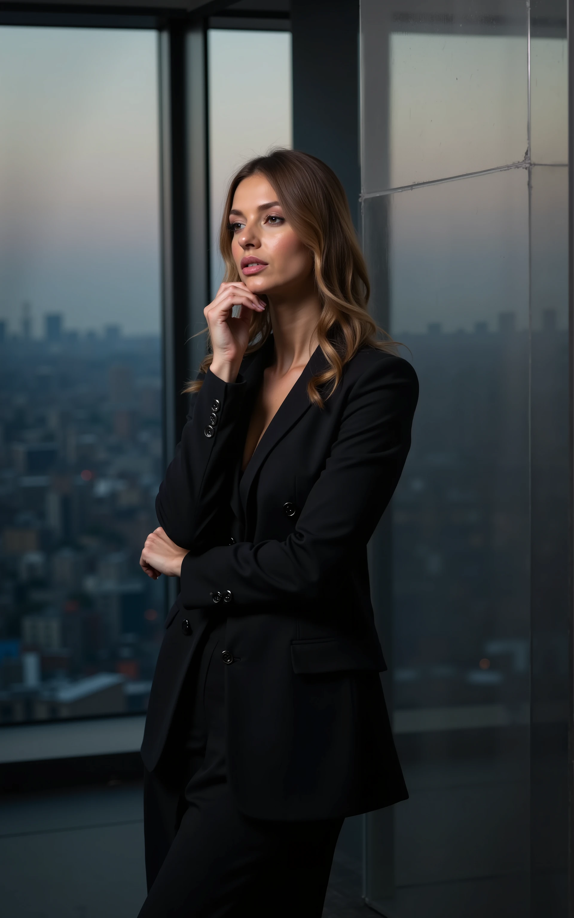bustysigrid,gorgeous corporate leader in stylish business ensemble, leaning thoughtfully against floor-to-ceiling windows, New York skyline stretching to horizon, dusk lighting creating dramatic atmosphere, perfect professional styling, elegant accessories, modern architectural office interior, premium design elements, fashion photography lighting techniques
