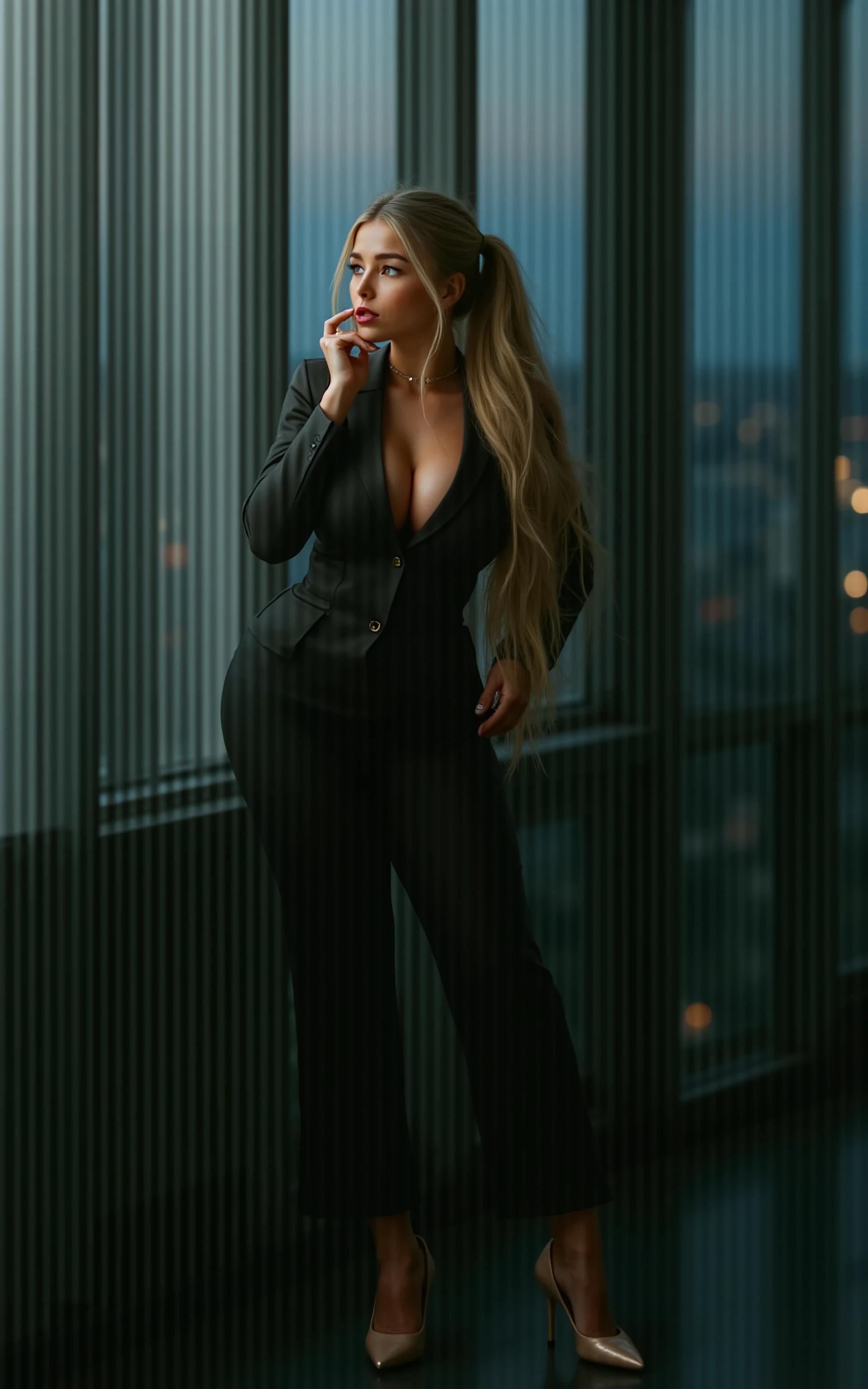 bustysigrid,gorgeous corporate leader in stylish business ensemble, leaning thoughtfully against floor-to-ceiling windows, New York skyline stretching to horizon, dusk lighting creating dramatic atmosphere, perfect professional styling, elegant accessories, modern architectural office interior, premium design elements, fashion photography lighting techniques