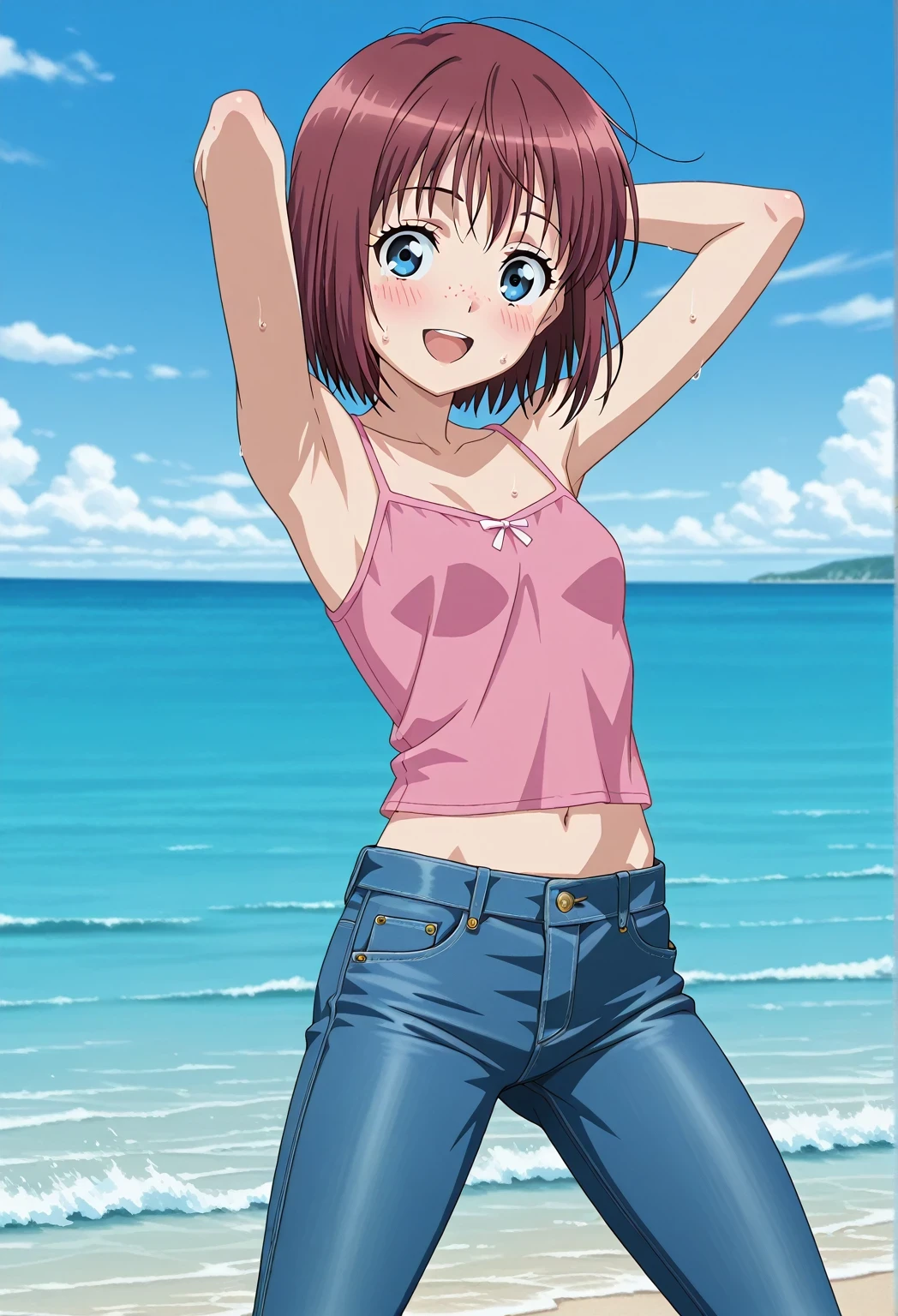 score_9, score_8_up, score_7_up, source_anime, highres, hi res, ((best quality, top quality, perfect quality, Highest Quality, amazing quality)), {{masterpiece}}, {{an extremely delicate and beautiful}}, 2d, intricate details, official style, anime, 8k, anime style, official_anime, official art, digital painting, cell shading, soft shading, high resolution, soothing tones, Subdued Color, Soft cinematic light, adobe lightroom, photolab, HDR, intricately and hyper-detailed, ((high quality animation)), 1 girl, Alone, solo, ((ocean)), tsunami, on the water, day, sunny, outdoors, sky, windy, Maxine_DE, freckles, brown hair, blue eyes, short hair, bob cut, anime screencap, small breasts, pink camisole top, crop top, pink crop top, best quality, hyper-detailed jeans, ((blue jeans:1.9)), (dark blue jeans:0.6), full medium body, medium shot, Open mouth, smiling, happy face, blush, sweat, standing, ((arms behind head:6.0)), bowlegged, jumping pose, action, looking at viewer, spread legs, Bend knees slightly, straight-on front view