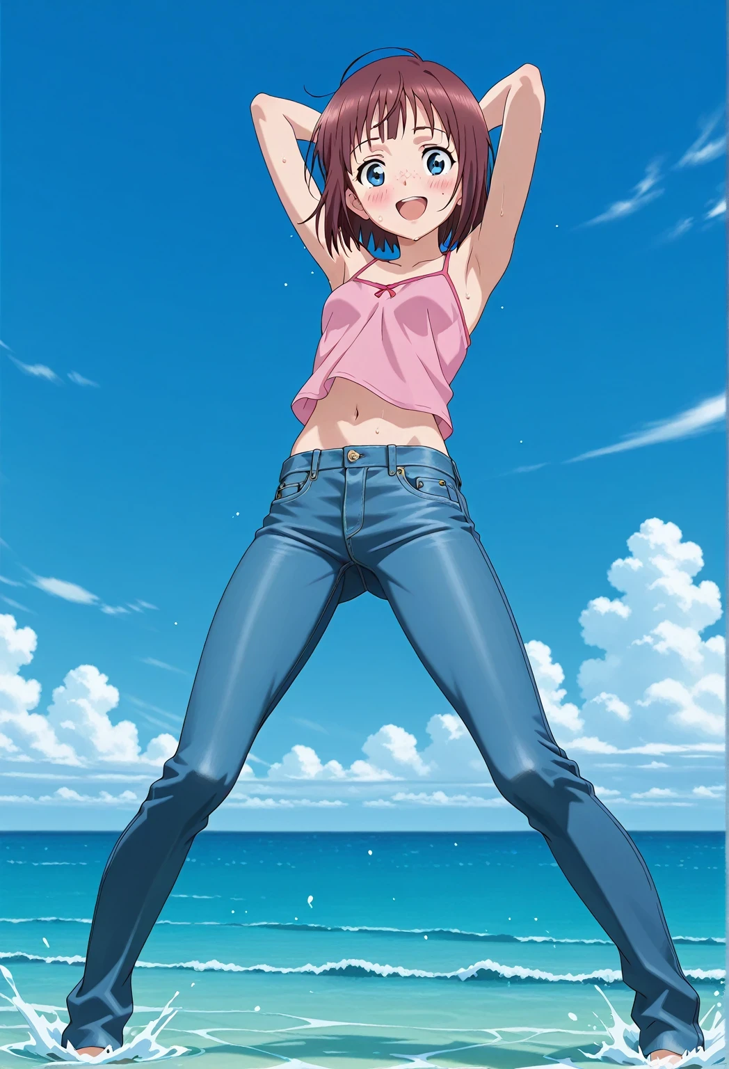 score_9, score_8_up, score_7_up, source_anime, highres, hi res, ((best quality, top quality, perfect quality, Highest Quality, amazing quality)), {{masterpiece}}, {{an extremely delicate and beautiful}}, 2d, intricate details, official style, anime, 8k, anime style, official_anime, official art, digital painting, cell shading, soft shading, high resolution, soothing tones, Subdued Color, Soft cinematic light, adobe lightroom, photolab, HDR, intricately and hyper-detailed, ((high quality animation)), 1 girl, Alone, solo, ((ocean)), tsunami, on the water, day, sunny, outdoors, sky, windy, Maxine_DE, freckles, brown hair, blue eyes, short hair, bob cut, anime screencap, small breasts, pink camisole top, crop top, pink crop top, best quality, hyper-detailed jeans, ((blue jeans:1.9)), (dark blue jeans:0.6), full medium body, medium shot, Open mouth, smiling, happy face, blush, sweat, standing, ((arms behind head:6.0)), bowlegged, jumping pose, action, looking at viewer, spread legs, Bend knees slightly, straight-on front view