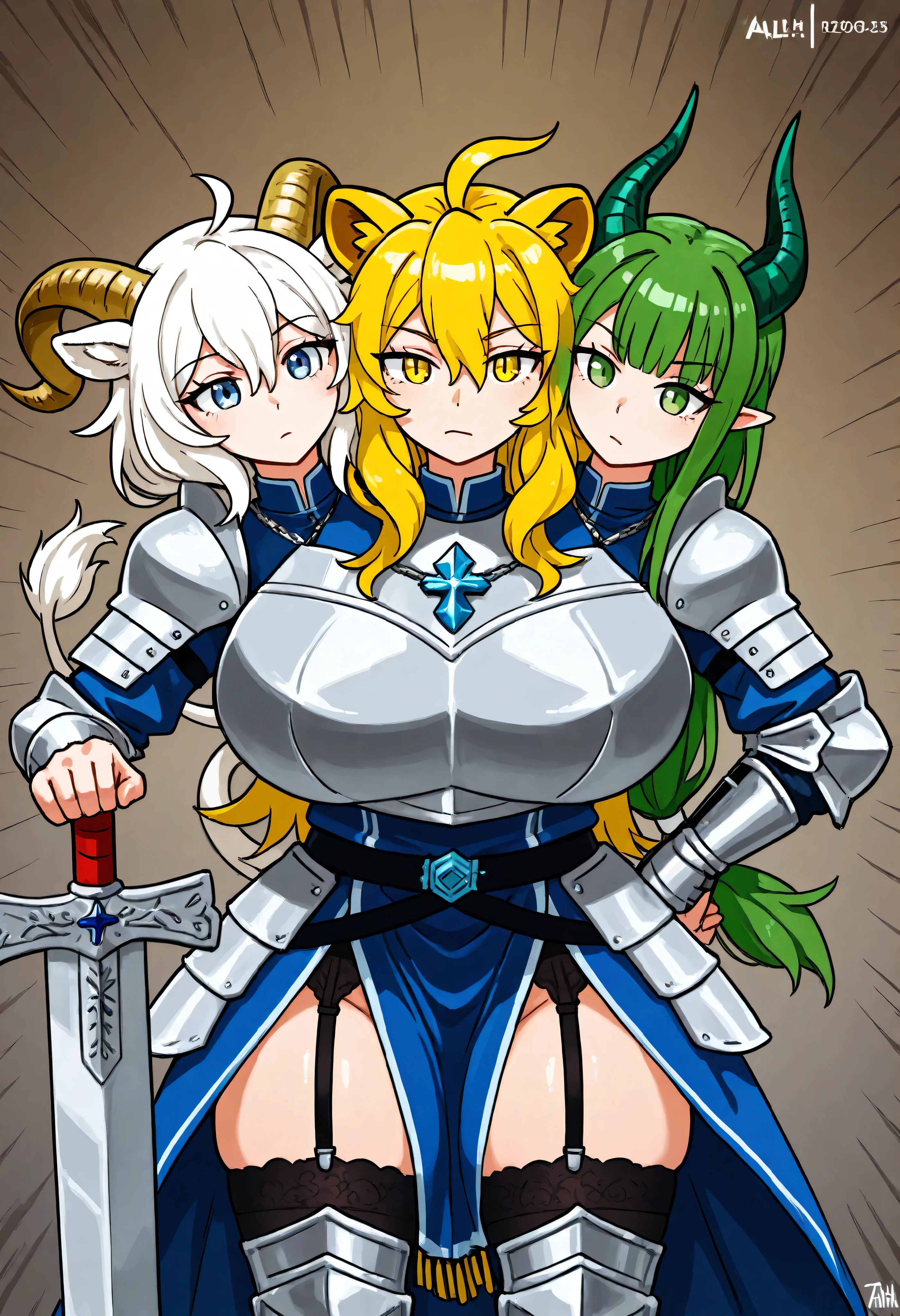 conjoined, 3girls, 3heads, three heads, a tall thin girls with 3 heads, blonde hair, yellow eyes, lion girl, blonde hair lion girl, lion ears, white hair, blue eyes, goat girl, white hair goat girl, goat horns, green hair, green eyes, dragon girl, green hair dragon girl, dragon horns, chest armor, armor dress, blue dress, silver armor, blue pelvic curtain, Pelvic curtain with cross, female knight, front shots, thighs, huge breasts, black Garter Belt, black stockings, knee armor, silver sword, silver shield,