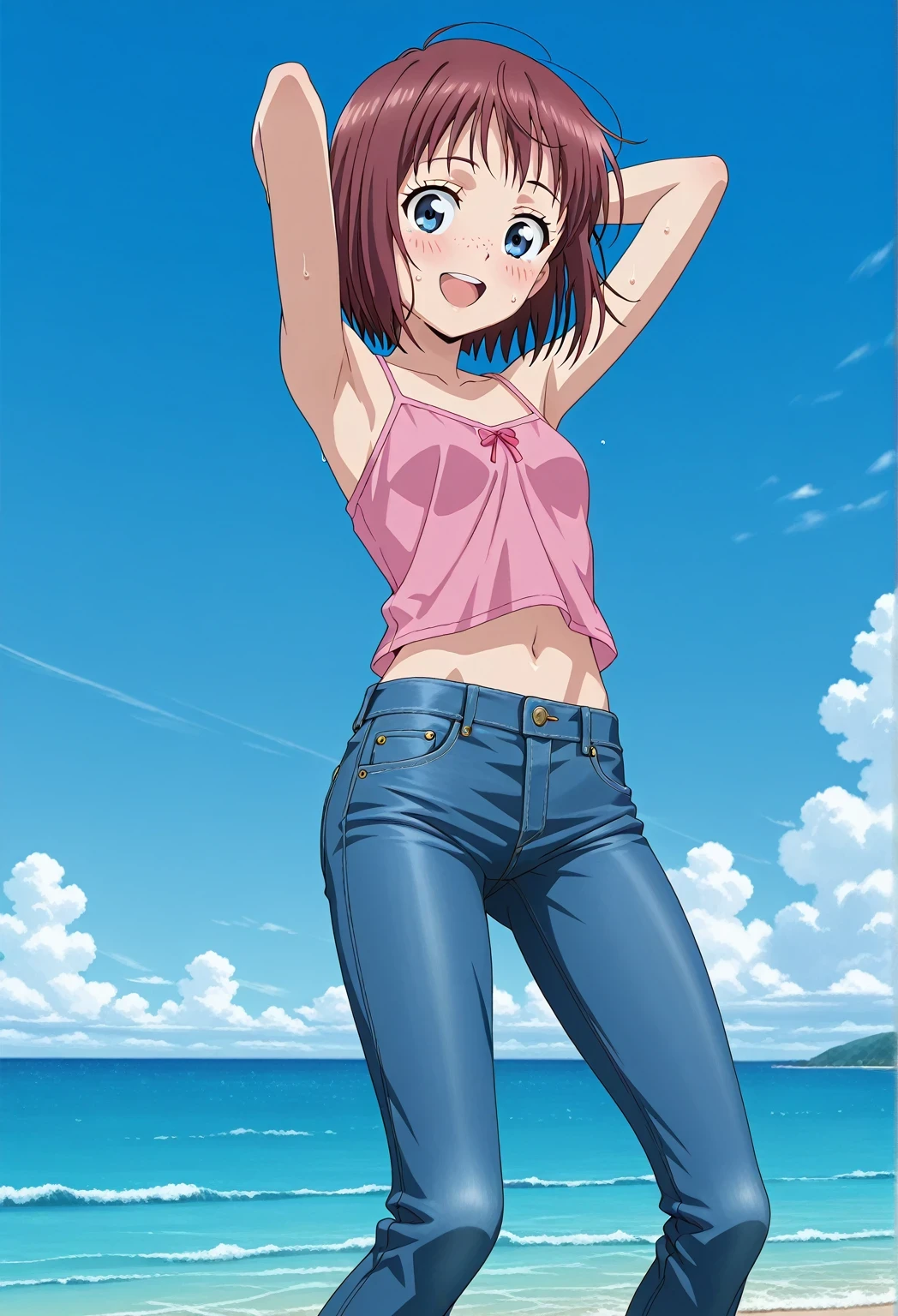 score_9, score_8_up, score_7_up, source_anime, highres, hi res, ((best quality, top quality, perfect quality, Highest Quality, amazing quality)), {{masterpiece}}, {{an extremely delicate and beautiful}}, 2d, intricate details, official style, anime, 8k, anime style, official_anime, official art, digital painting, cell shading, soft shading, high resolution, soothing tones, Subdued Color, Soft cinematic light, adobe lightroom, photolab, HDR, intricately and hyper-detailed, ((high quality animation)), 1 girl, Alone, solo, ((ocean)), tsunami, on the water, day, sunny, outdoors, sky, windy, Maxine_DE, freckles, brown hair, blue eyes, short hair, bob cut, anime screencap, small breasts, pink camisole top, crop top, pink crop top, best quality, hyper-detailed jeans, ((blue jeans:1.9)), (dark blue jeans:0.6), full medium body, medium shot, Open mouth, smiling, happy face, blush, sweat, standing, ((arms behind head:6.0)), bowlegged, jumping pose, action, looking at viewer, spread legs, Bend knees slightly, straight-on front view