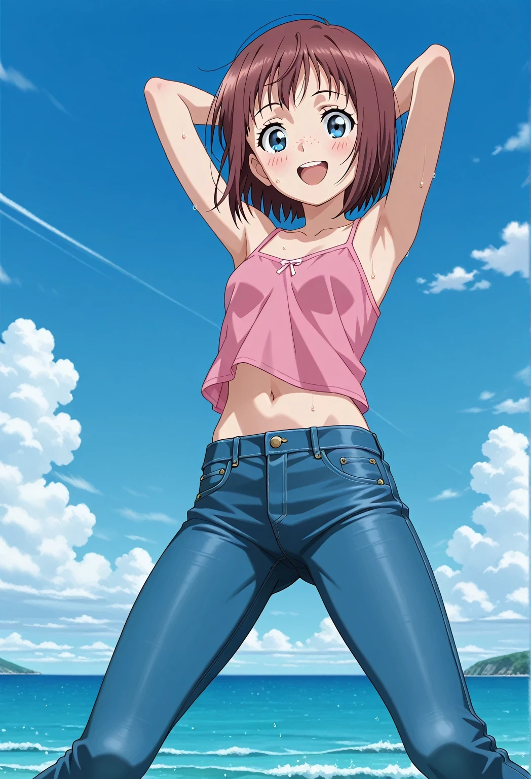 score_9, score_8_up, score_7_up, source_anime, highres, hi res, ((best quality, top quality, perfect quality, Highest Quality, amazing quality)), {{masterpiece}}, {{an extremely delicate and beautiful}}, 2d, intricate details, official style, anime, 8k, anime style, official_anime, official art, digital painting, cell shading, soft shading, high resolution, soothing tones, Subdued Color, Soft cinematic light, adobe lightroom, photolab, HDR, intricately and hyper-detailed, ((high quality animation)), 1 girl, Alone, solo, ((ocean)), tsunami, on the water, day, sunny, outdoors, sky, windy, Maxine_DE, freckles, brown hair, blue eyes, short hair, bob cut, anime screencap, small breasts, pink camisole top, crop top, pink crop top, best quality, hyper-detailed jeans, ((blue jeans:1.9)), (dark blue jeans:0.6), full medium body, medium shot, Open mouth, smiling, happy face, blush, sweat, standing, ((arms behind head:6.0)), bowlegged, jumping pose, action, looking at viewer, spread legs, Bend knees slightly, straight-on front view