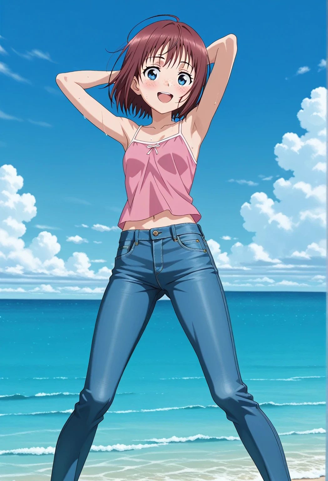 score_9, score_8_up, score_7_up, source_anime, highres, hi res, ((best quality, top quality, perfect quality, Highest Quality, amazing quality)), {{masterpiece}}, {{an extremely delicate and beautiful}}, 2d, intricate details, official style, anime, 8k, anime style, official_anime, official art, digital painting, cell shading, soft shading, high resolution, soothing tones, Subdued Color, Soft cinematic light, adobe lightroom, photolab, HDR, intricately and hyper-detailed, ((high quality animation)), 1 girl, Alone, solo, ((ocean)), tsunami, on the water, day, sunny, outdoors, sky, windy, Maxine_DE, freckles, brown hair, blue eyes, short hair, bob cut, anime screencap, small breasts, pink camisole top, crop top, pink crop top, best quality, hyper-detailed jeans, ((blue jeans:1.9)), (dark blue jeans:0.6), full medium body, medium shot, Open mouth, smiling, happy face, blush, sweat, standing, ((arms behind head:6.0)), bowlegged, jumping pose, action, looking at viewer, spread legs, Bend knees slightly, straight-on front view