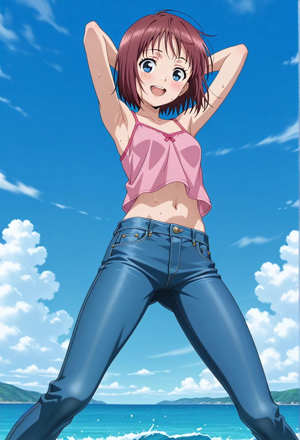 score_9, score_8_up, score_7_up, source_anime, highres, hi res, ((best quality, top quality, perfect quality, Highest Quality, amazing quality)), {{masterpiece}}, {{an extremely delicate and beautiful}}, 2d, intricate details, official style, anime, 8k, anime style, official_anime, official art, digital painting, cell shading, soft shading, high resolution, soothing tones, Subdued Color, Soft cinematic light, adobe lightroom, photolab, HDR, intricately and hyper-detailed, ((high quality animation)), 1 girl, Alone, solo, ((ocean)), tsunami, on the water, day, sunny, outdoors, sky, windy, Maxine_DE, freckles, brown hair, blue eyes, short hair, bob cut, anime screencap, small breasts, pink camisole top, crop top, pink crop top, best quality, hyper-detailed jeans, ((blue jeans:1.9)), (dark blue jeans:0.6), full medium body, medium shot, Open mouth, smiling, happy face, blush, sweat, standing, ((arms behind head:6.0)), bowlegged, jumping pose, action, looking at viewer, spread legs, Bend knees slightly, straight-on front view